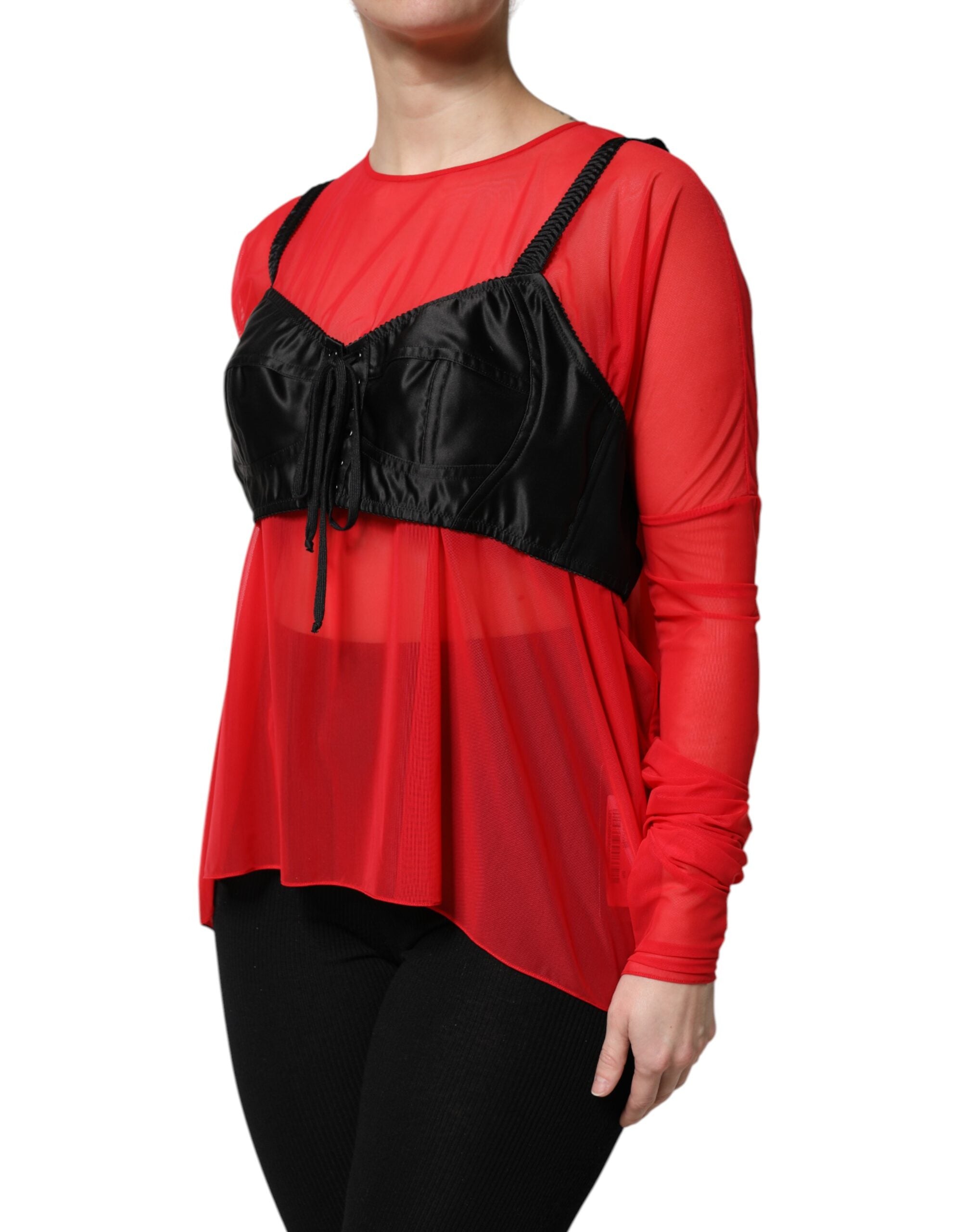 Red Black Bustier Detailing Long Sleeves Top - ventzia