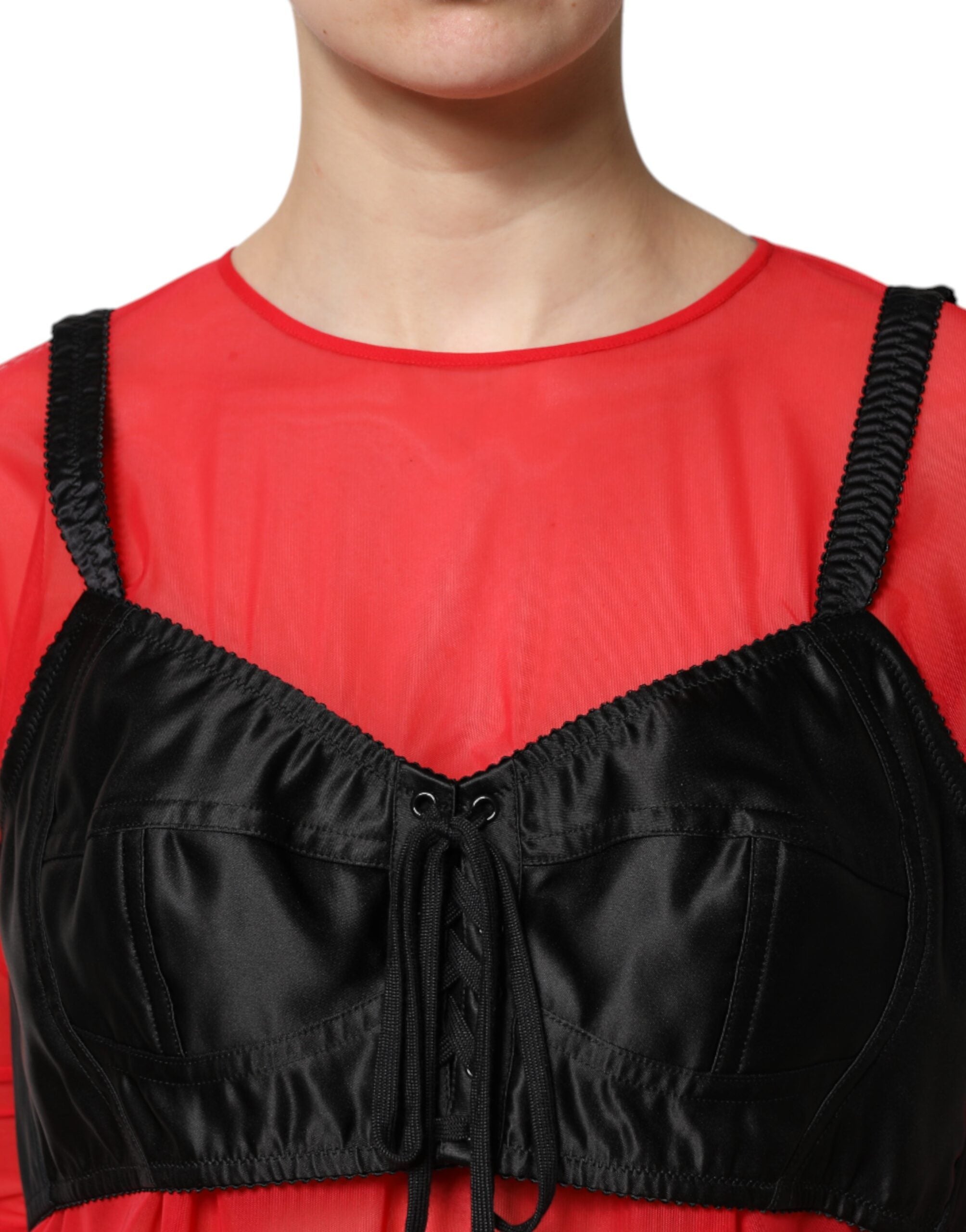 Red Black Bustier Detailing Long Sleeves Top - ventzia