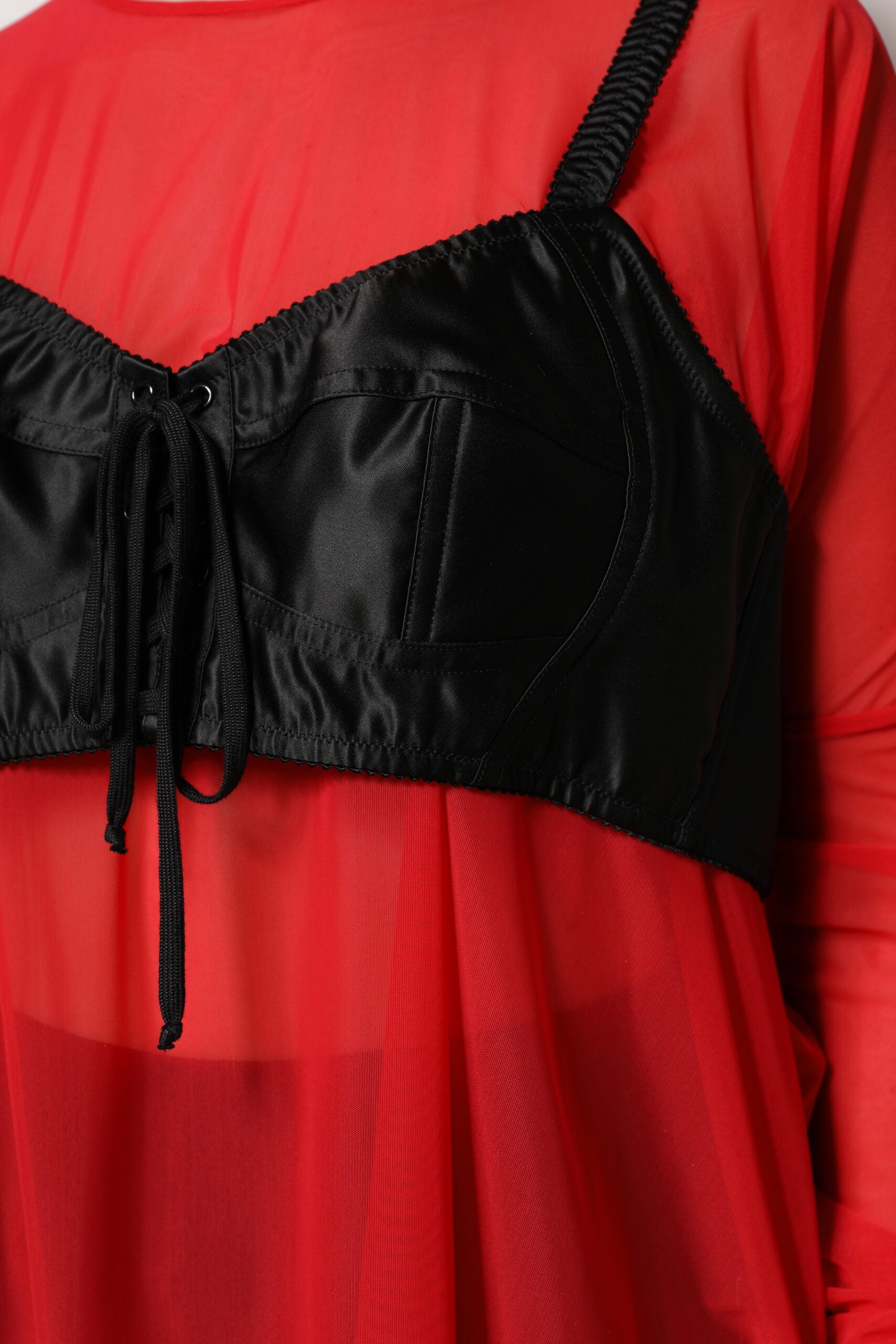 Red Black Bustier Detailing Long Sleeves Top - ventzia