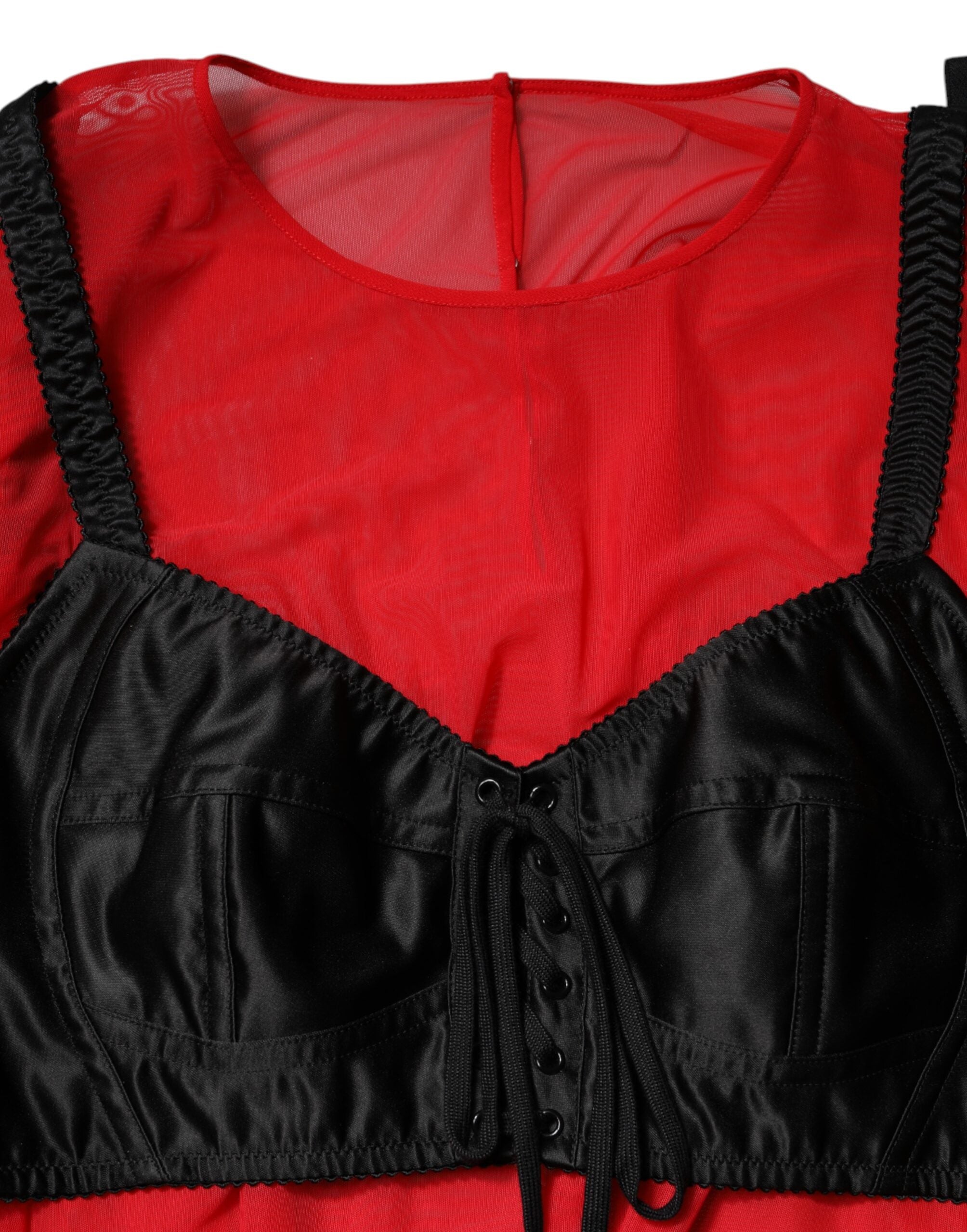 Red Black Bustier Detailing Long Sleeves Top - ventzia