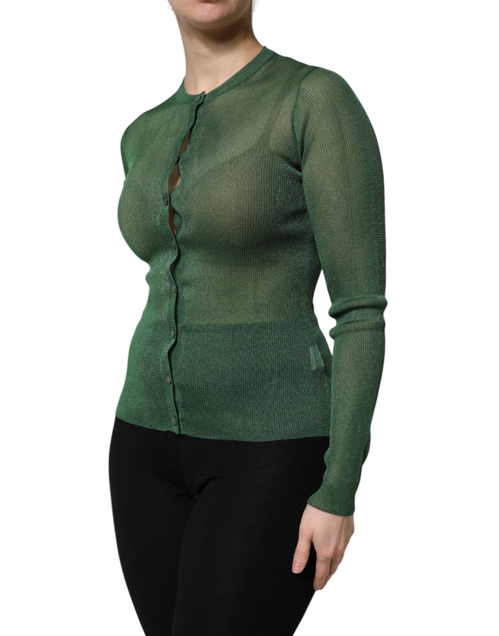 Green Polyester Long Sleeves Cardigan Sweater - ventzia