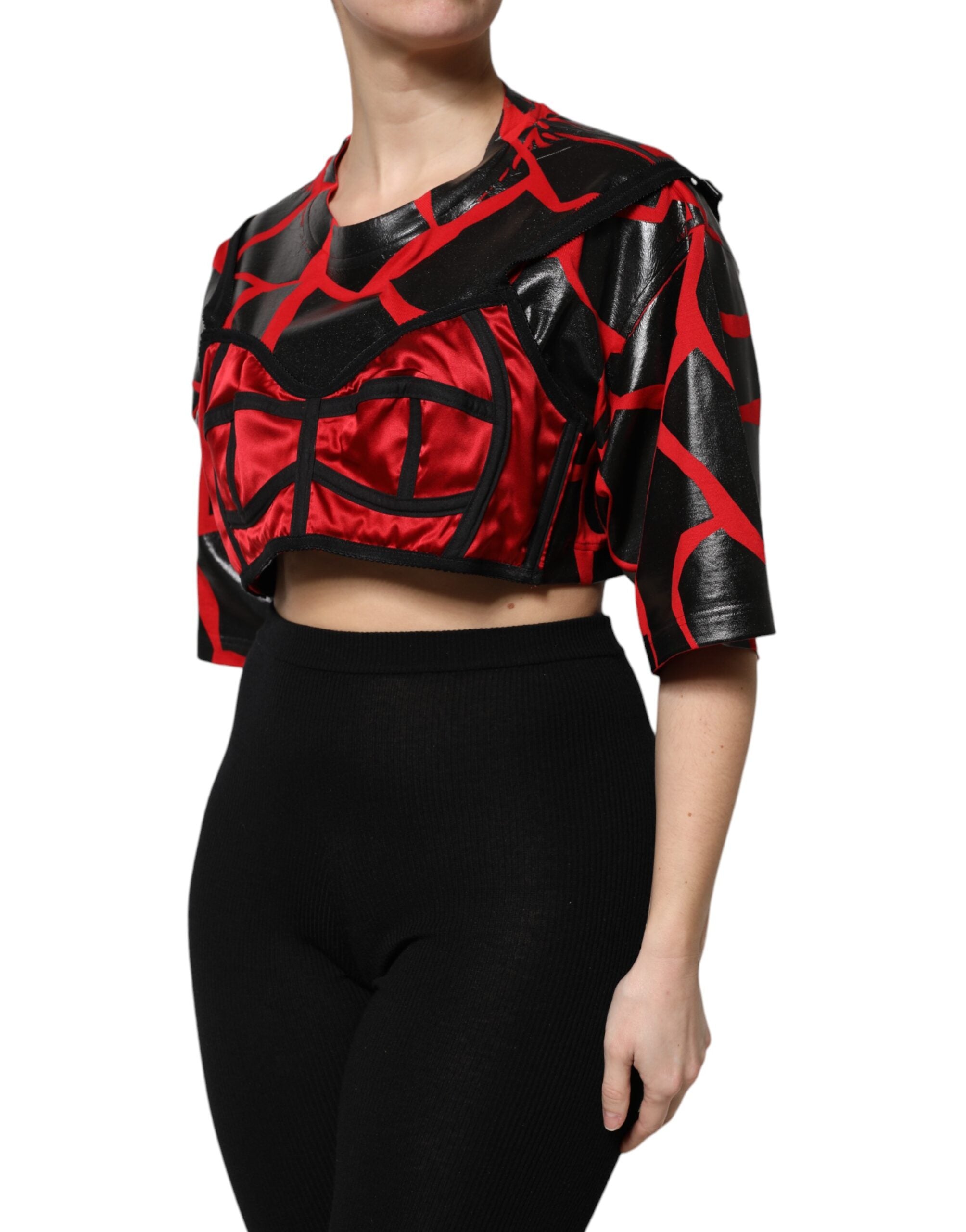 Red Black Cotton Bustier Detailing Cropped Top - ventzia