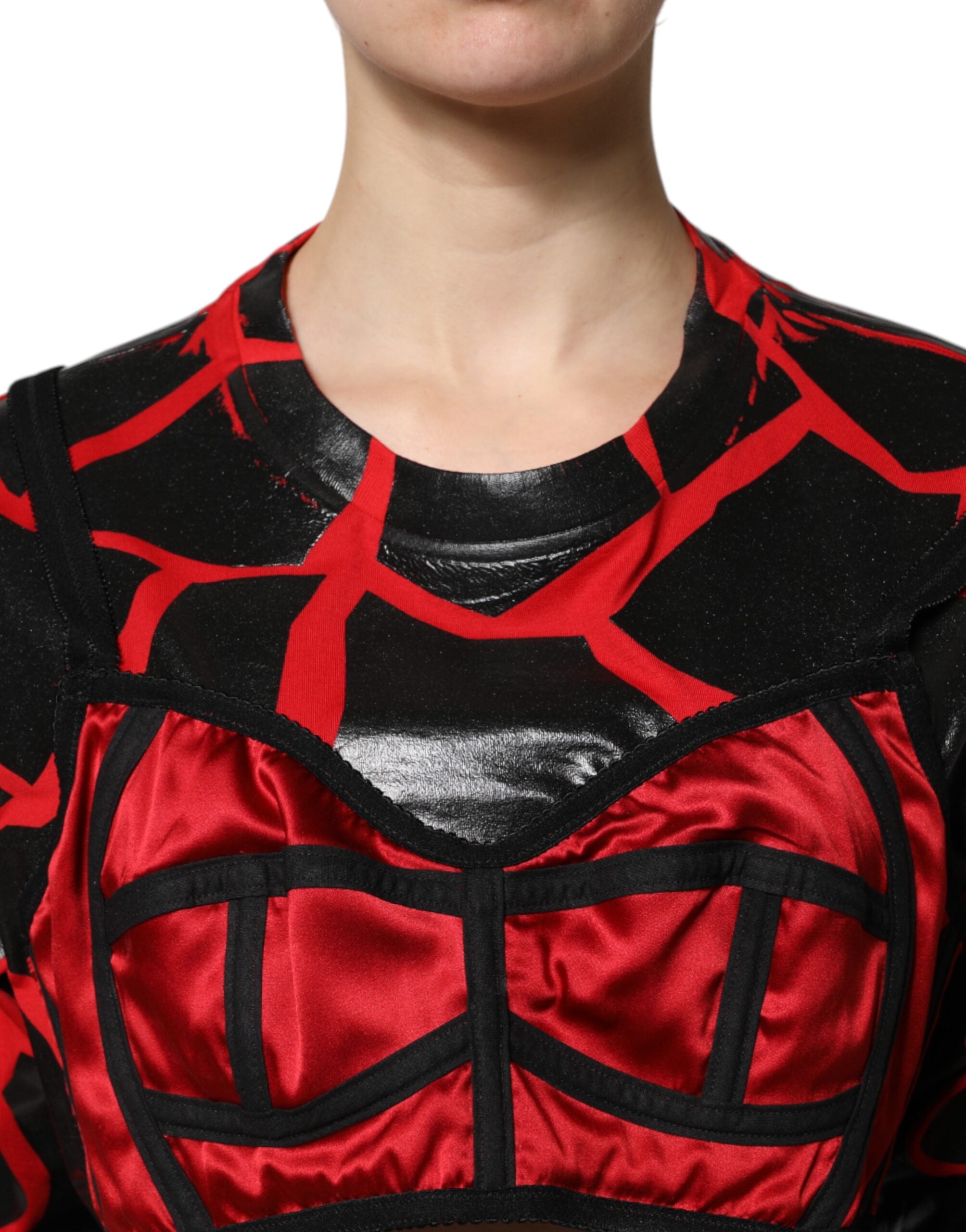 Red Black Cotton Bustier Detailing Cropped Top - ventzia