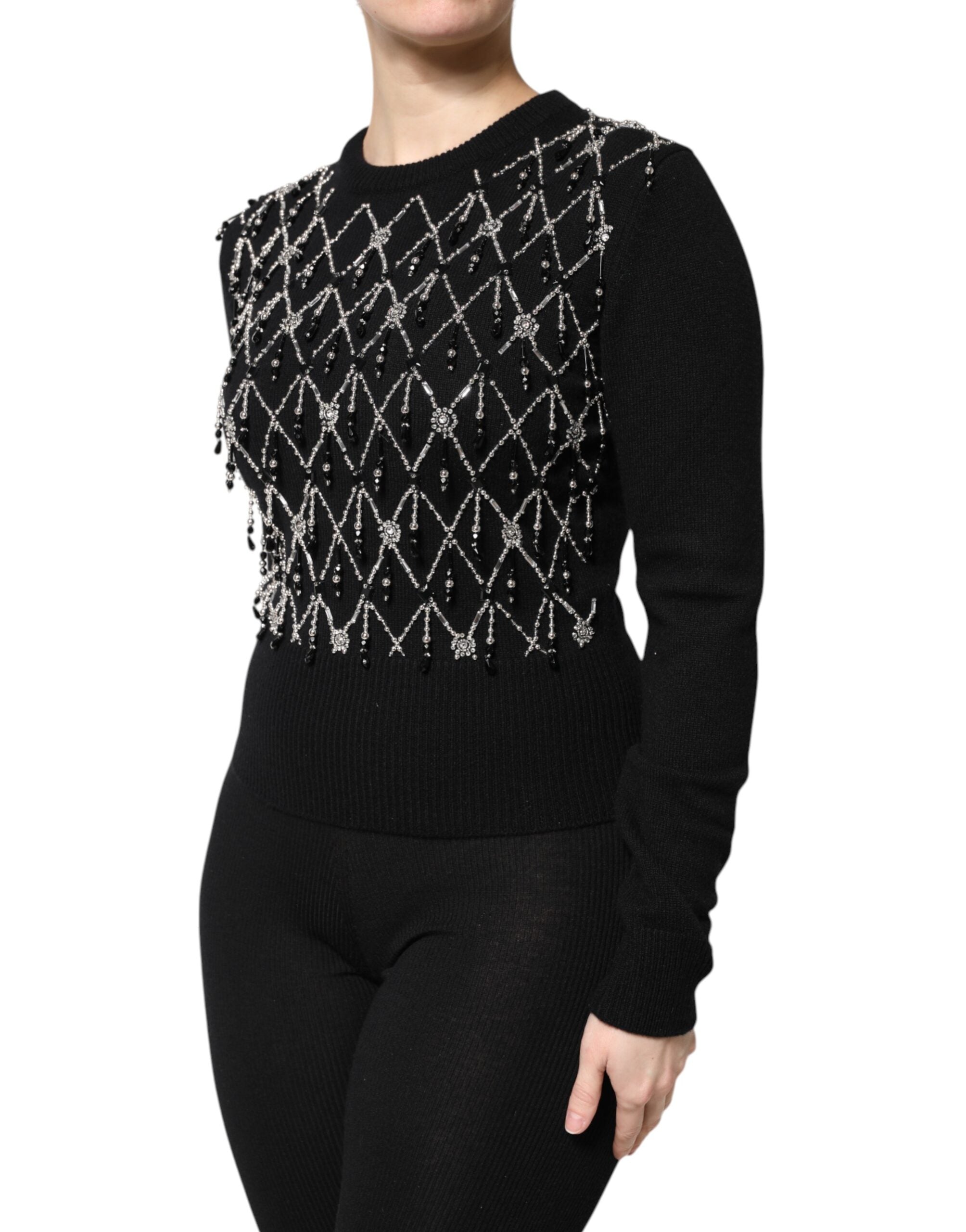 Black Cashmere Embellished Long Sleeves Top - ventzia