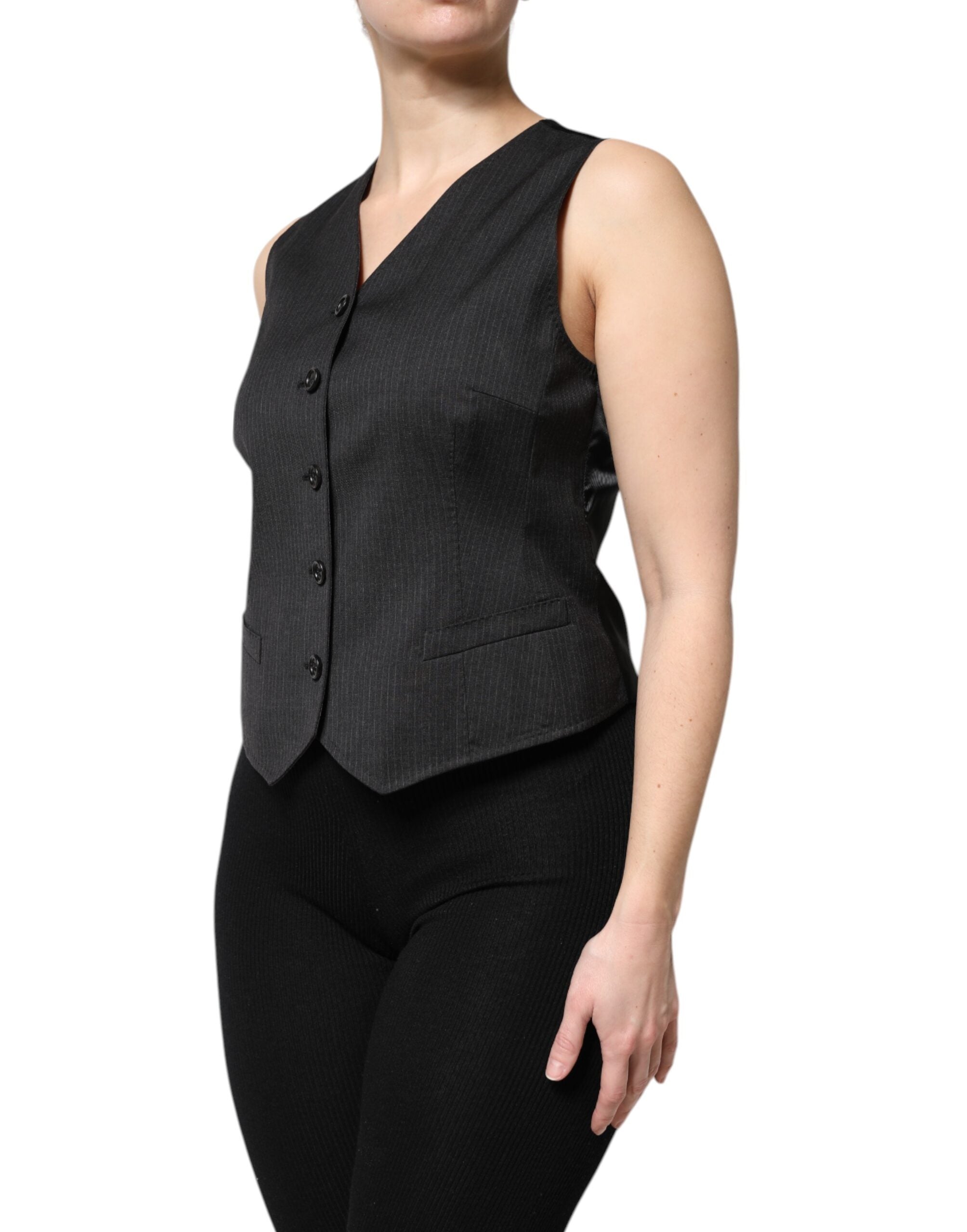 Black Striped Button Down Sleeveless Vest Top - ventzia