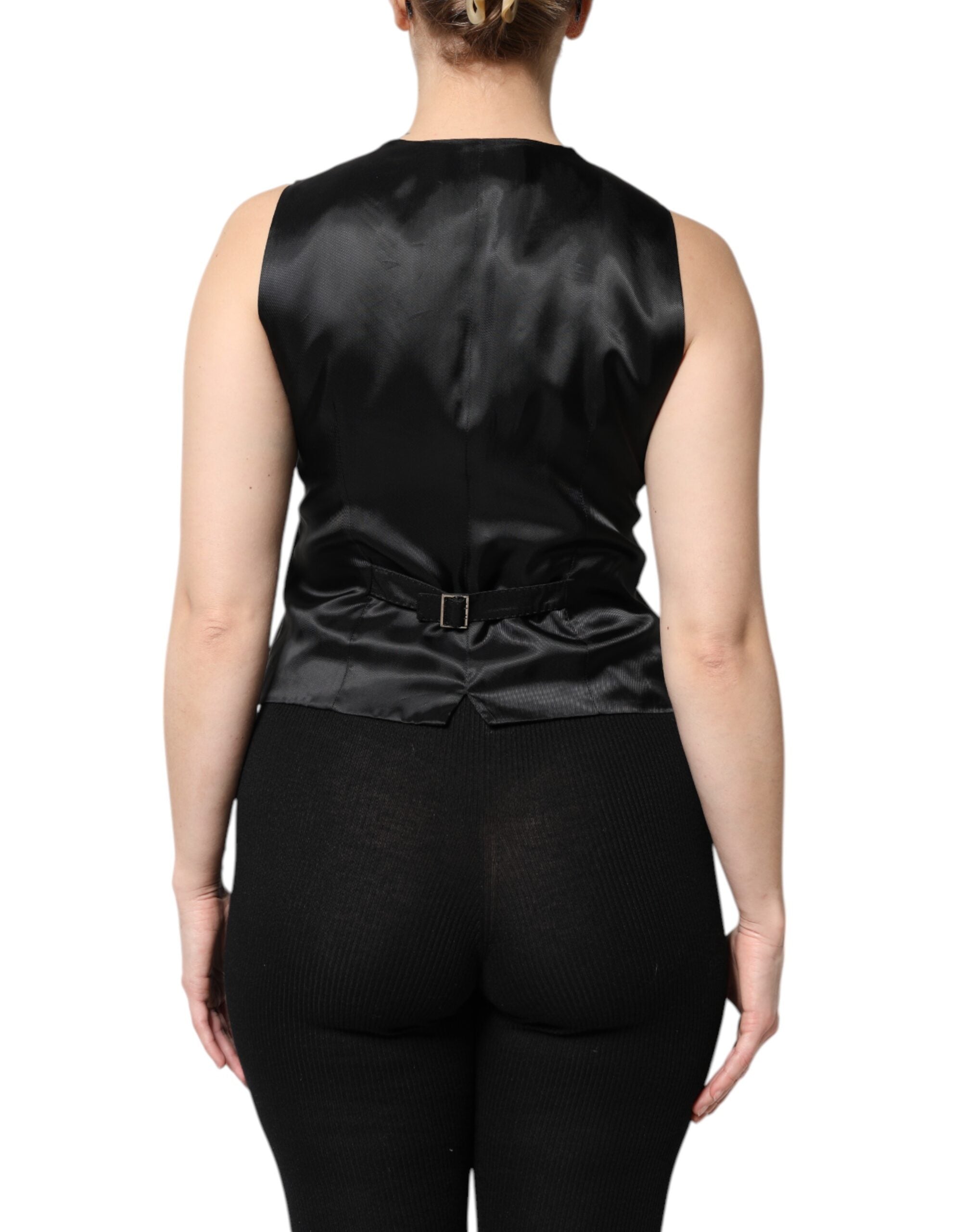 Black Striped Button Down Sleeveless Vest Top - ventzia