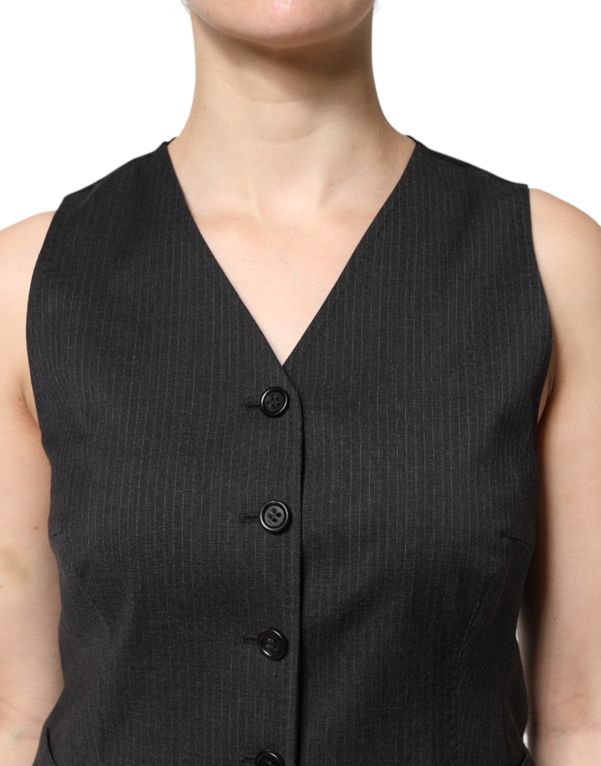 Black Striped Button Down Sleeveless Vest Top - ventzia