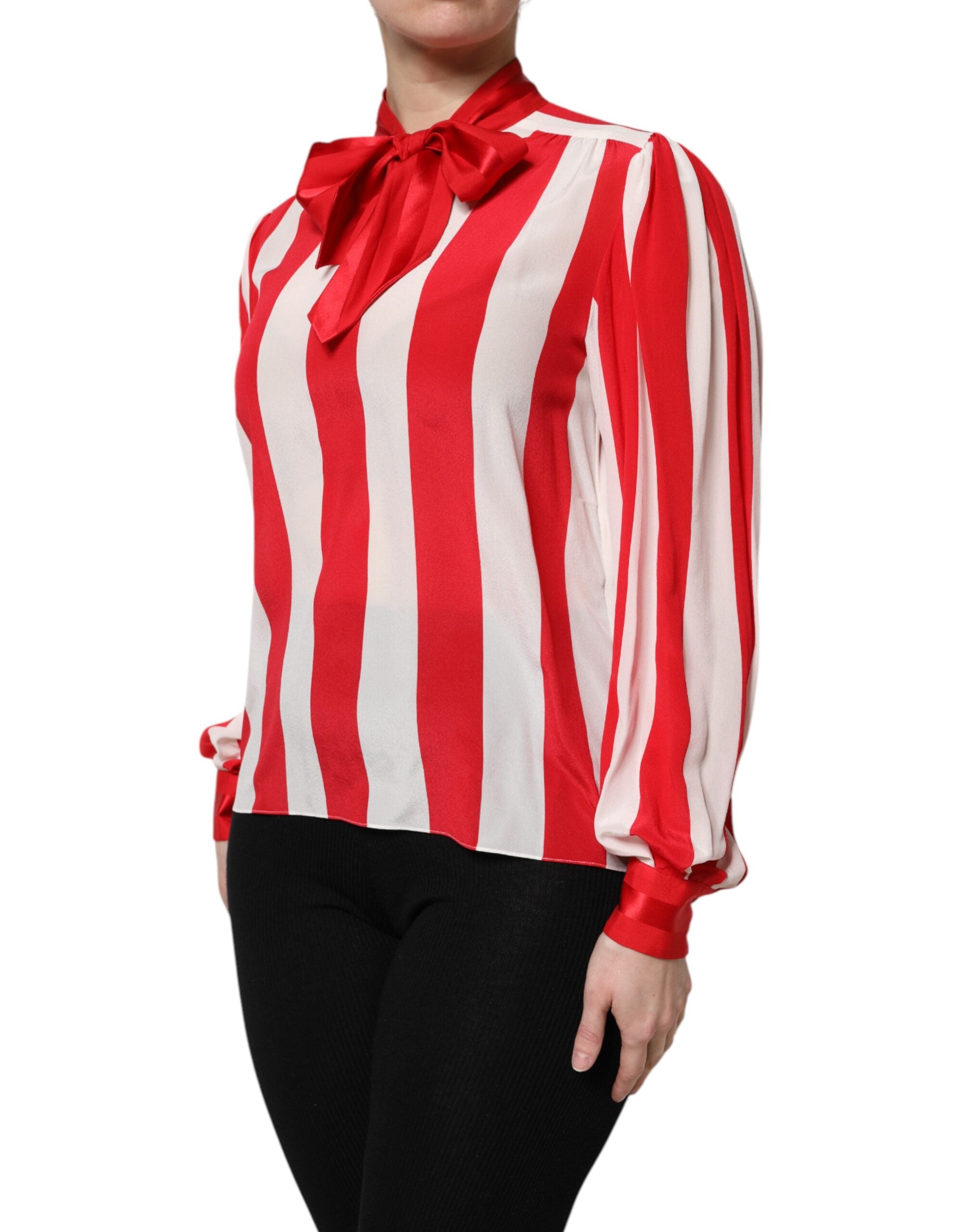 Red White Stripes Ascot Collar Blouse Top - ventzia