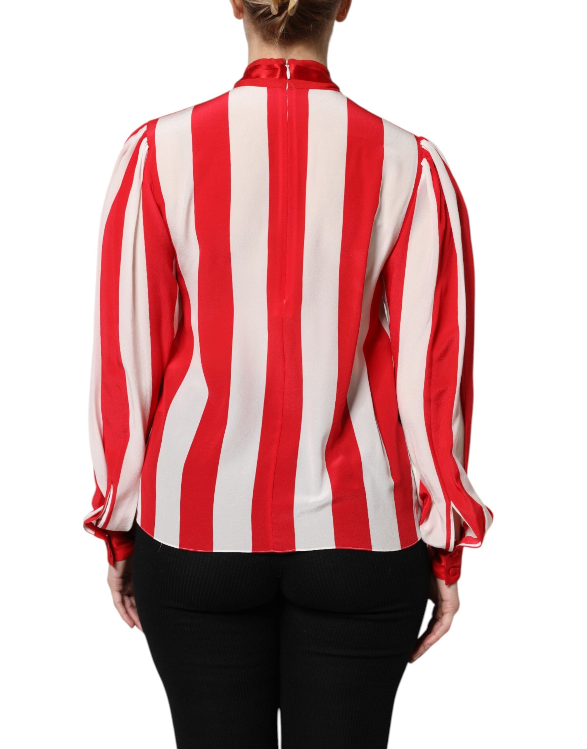 Red White Stripes Ascot Collar Blouse Top - ventzia