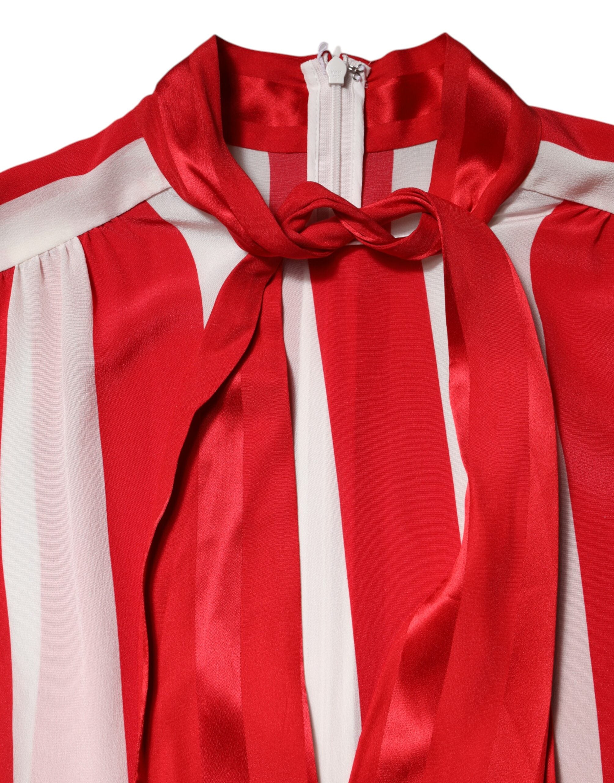 Red White Stripes Ascot Collar Blouse Top - ventzia