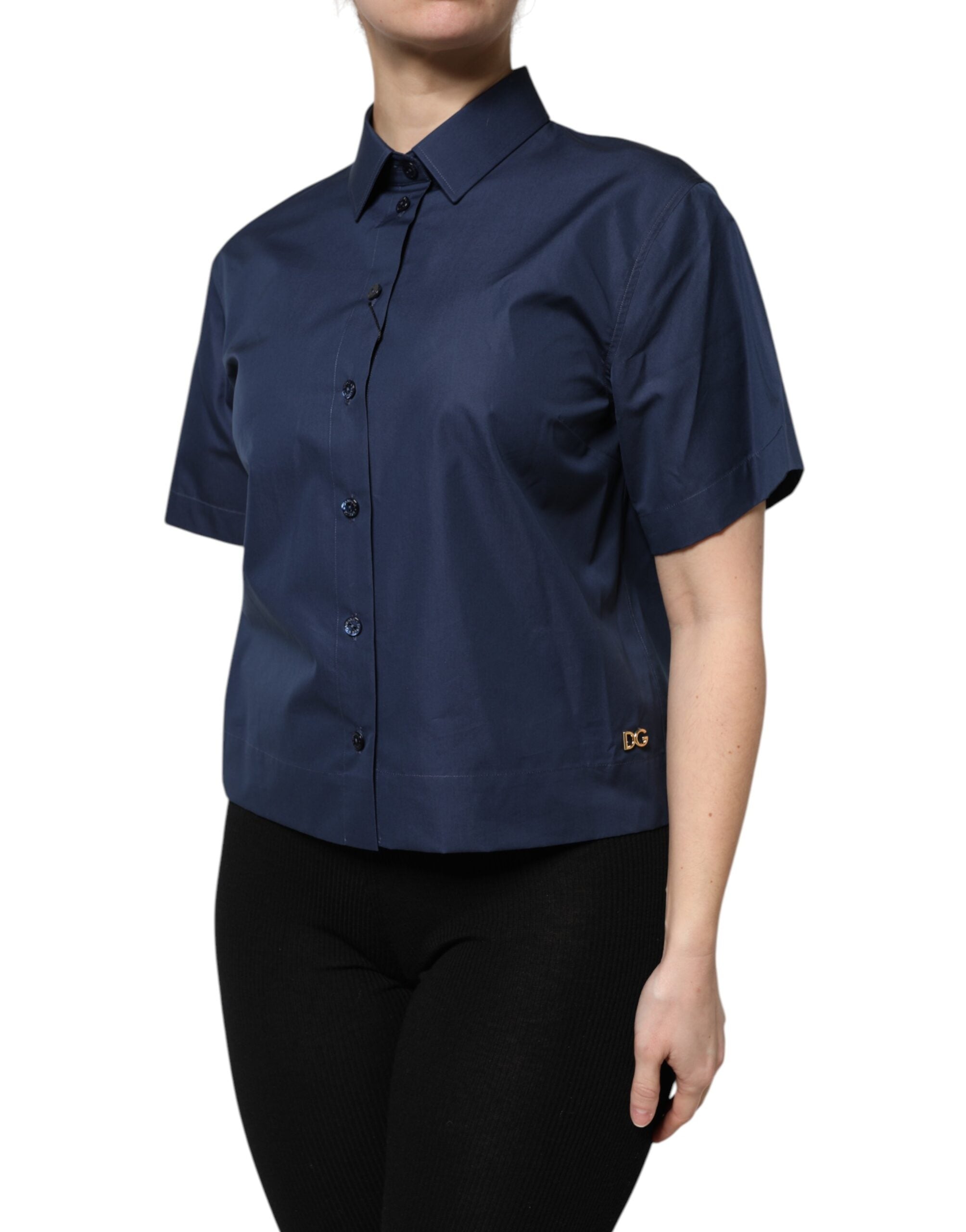 Blue Cotton Short Sleeves Button Down Top - ventzia