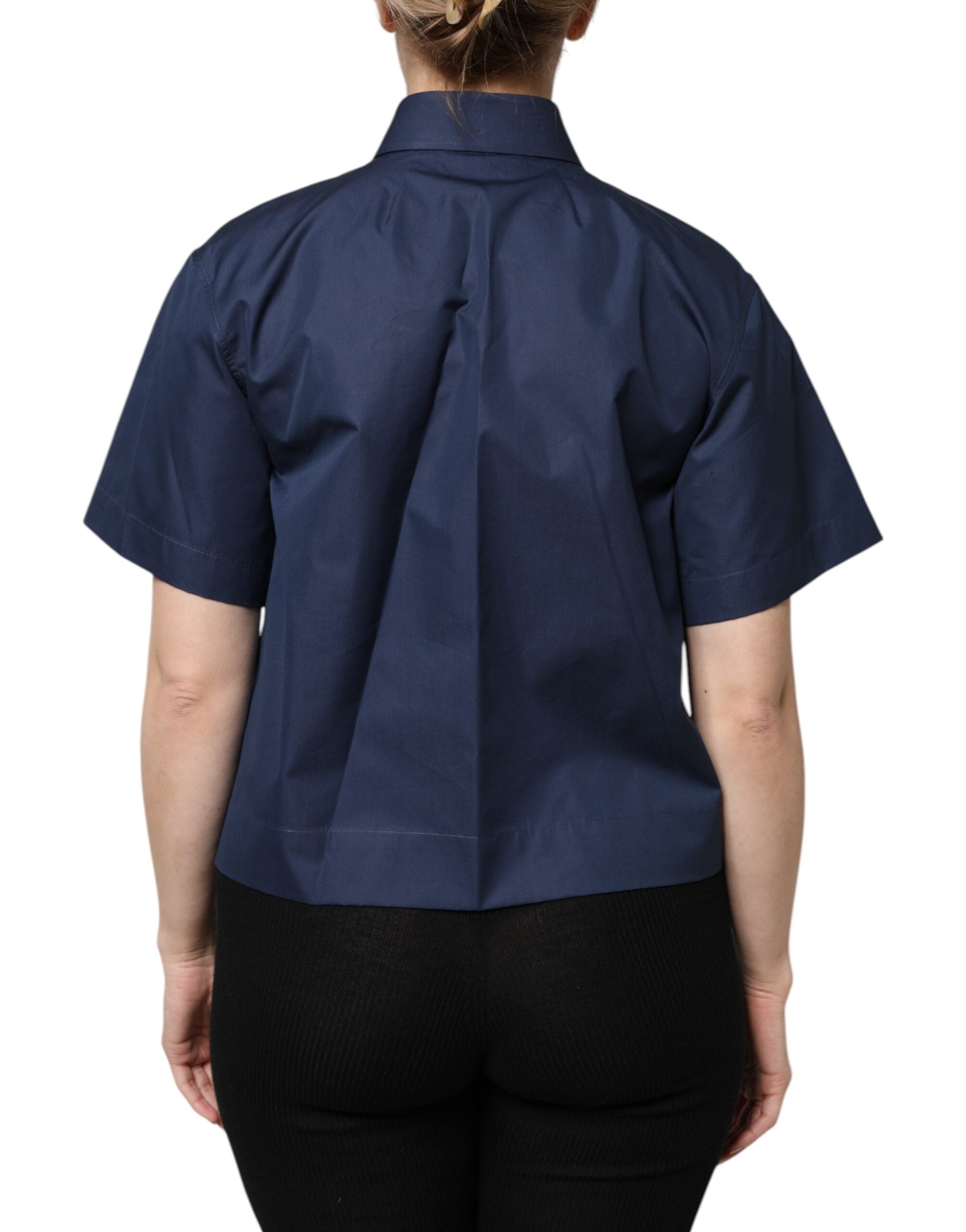 Blue Cotton Short Sleeves Button Down Top - ventzia