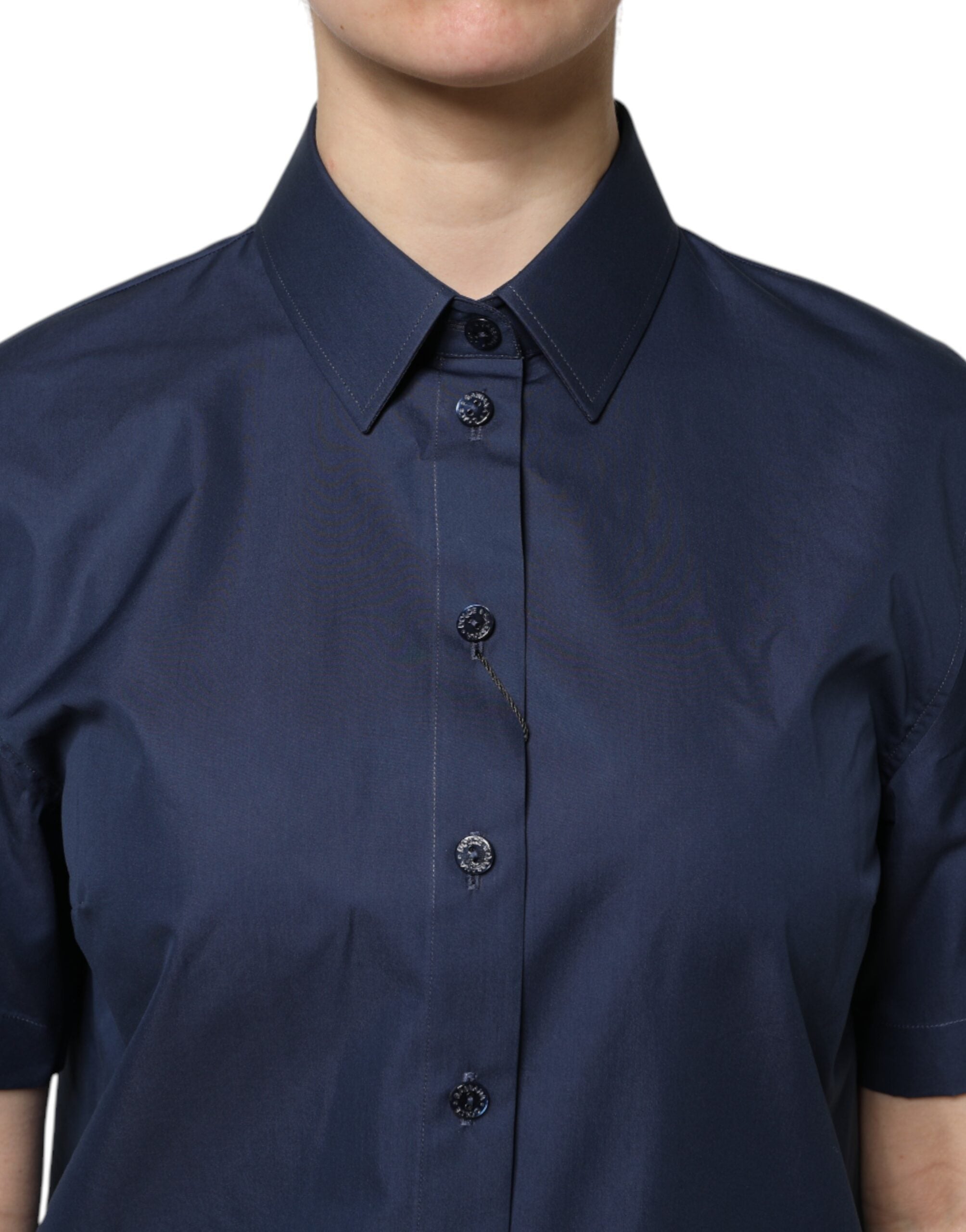 Blue Cotton Short Sleeves Button Down Top - ventzia