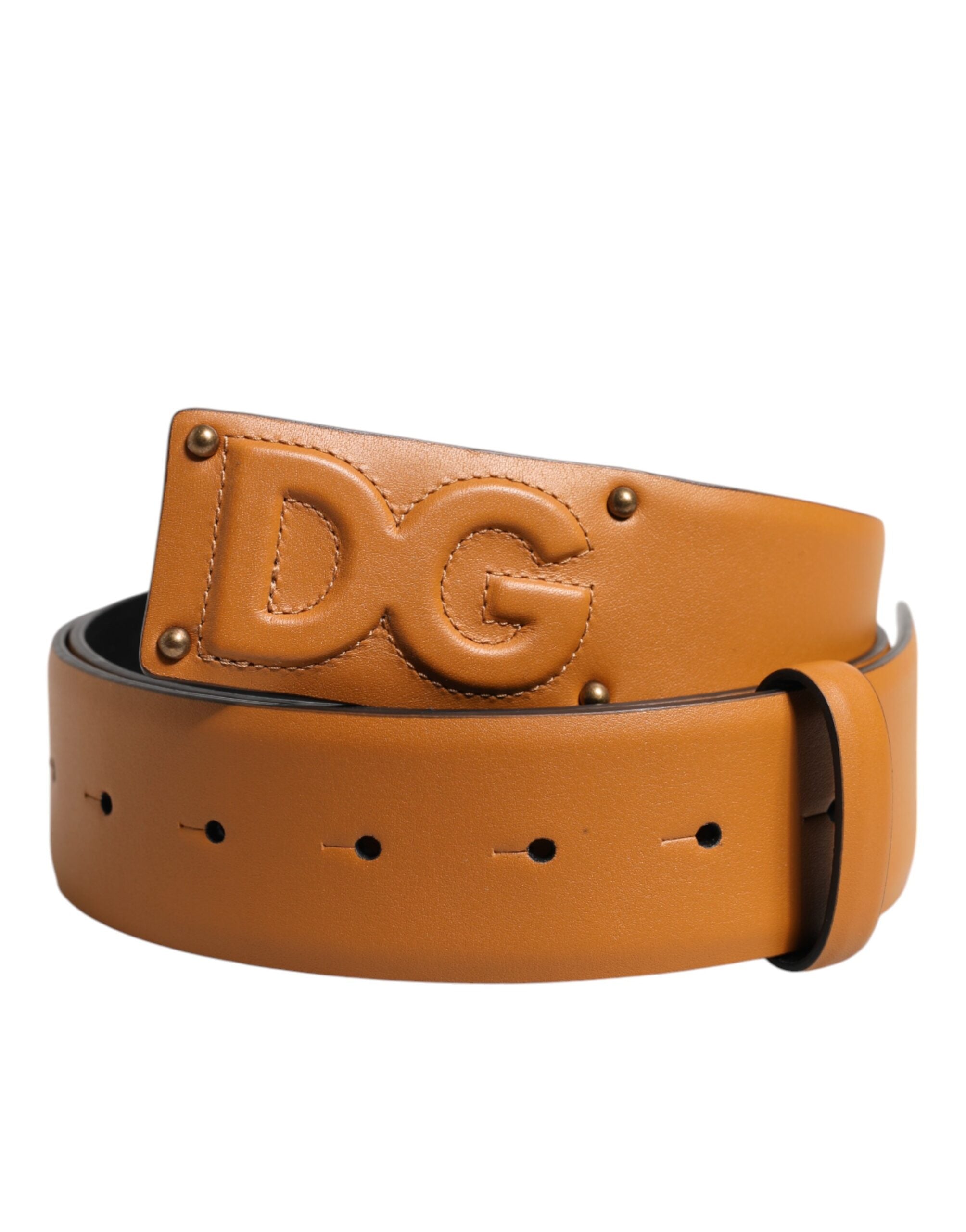 Brown Leather Buckle DG Logo Embossed Belt - ventzia