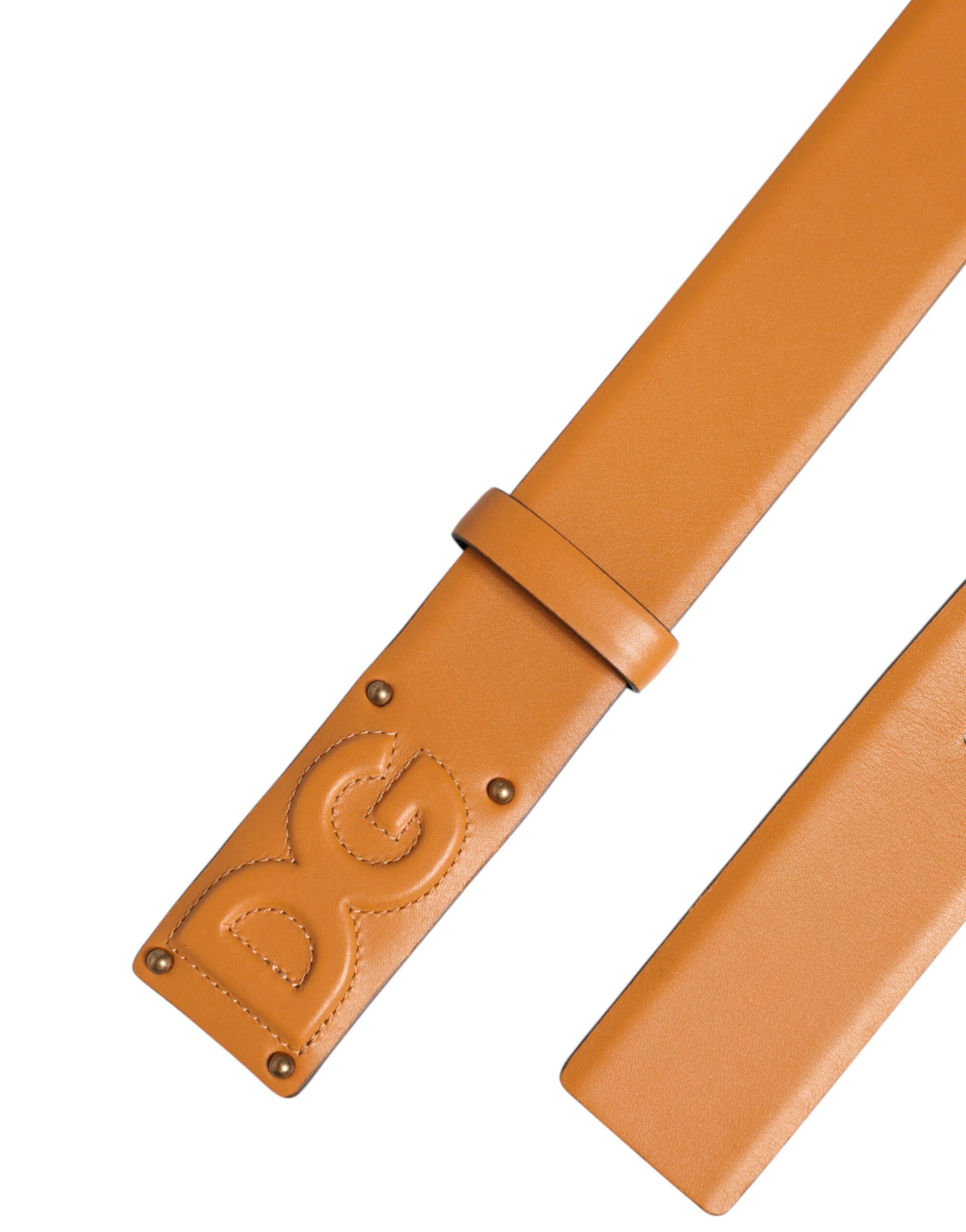 Brown Leather Buckle DG Logo Embossed Belt - ventzia