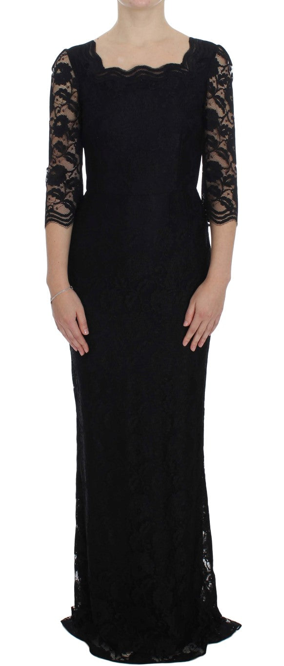 Elegant Black Floral Lace Maxi Dress - ventzia