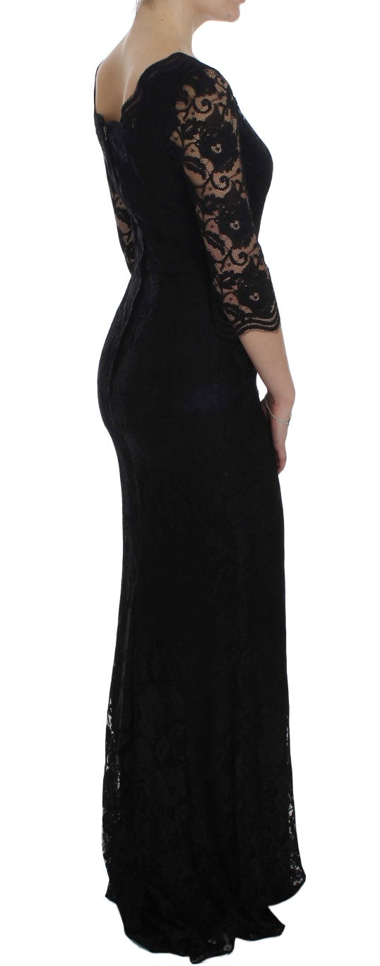 Elegant Black Floral Lace Maxi Dress - ventzia