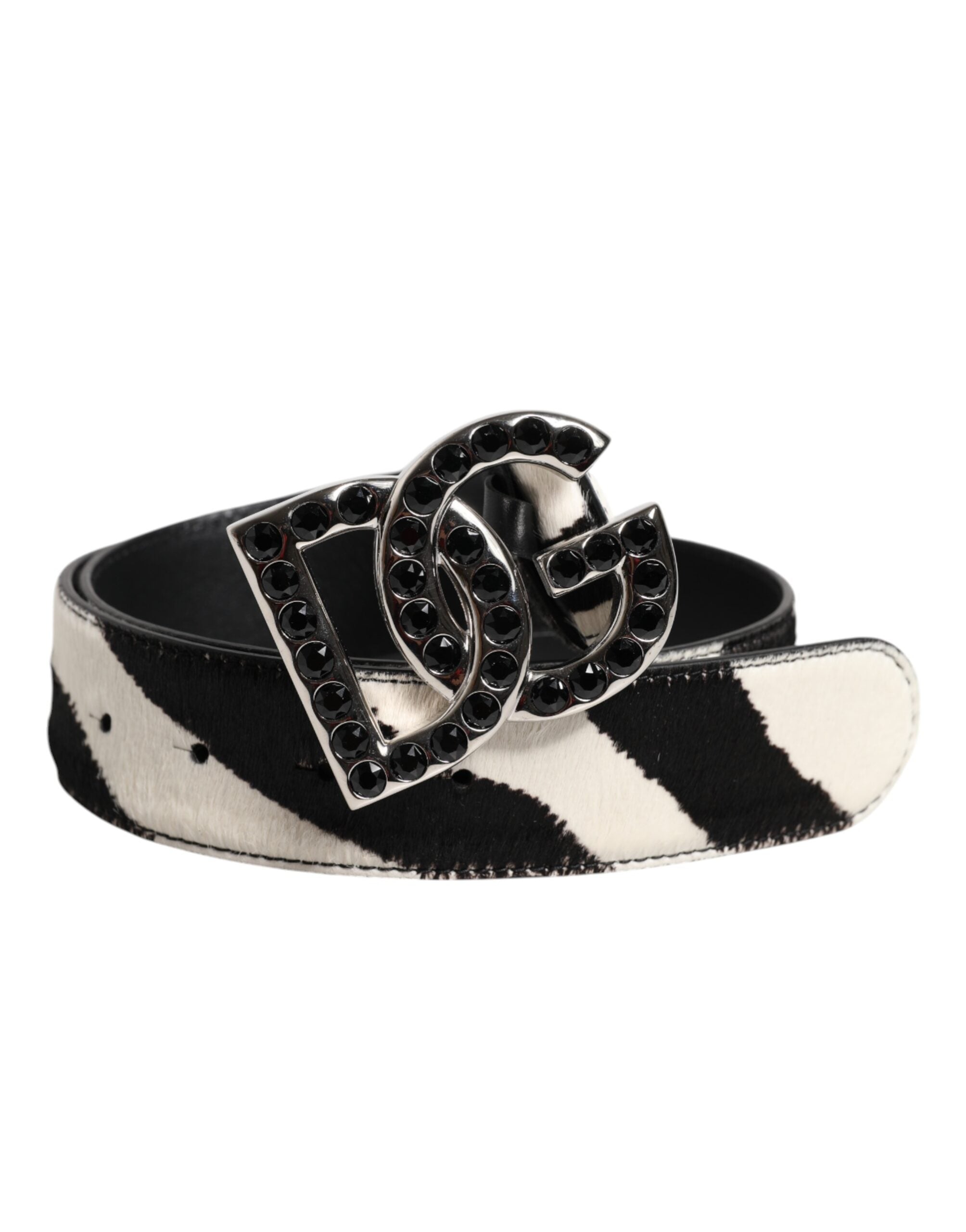 White Black Leather Zebra DG Crystal Buckle Belt - ventzia