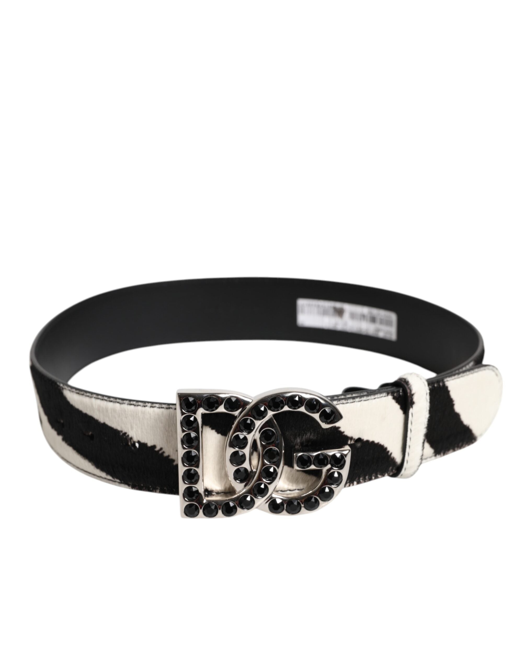 White Black Leather Zebra DG Crystal Buckle Belt - ventzia