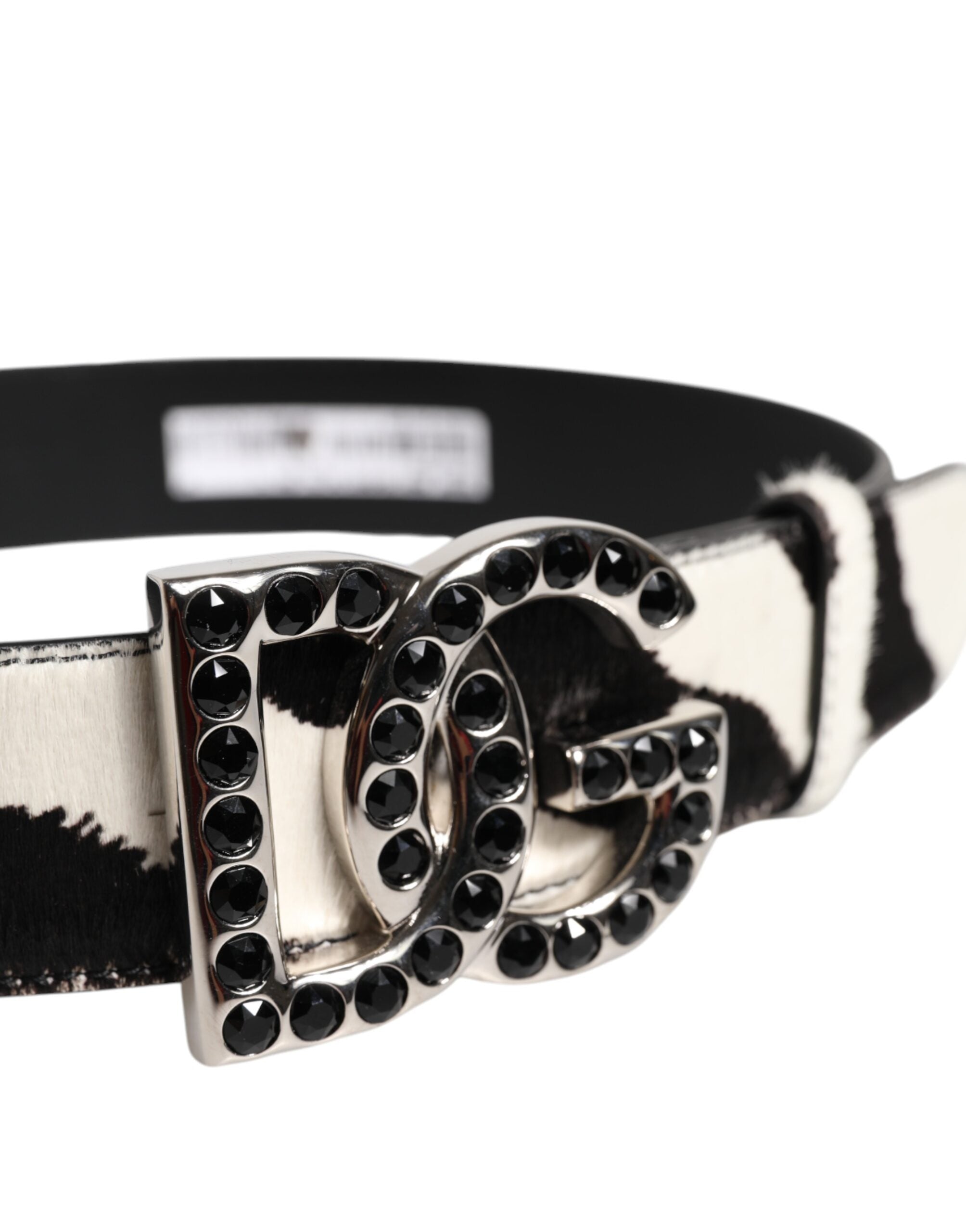White Black Leather Zebra DG Crystal Buckle Belt - ventzia