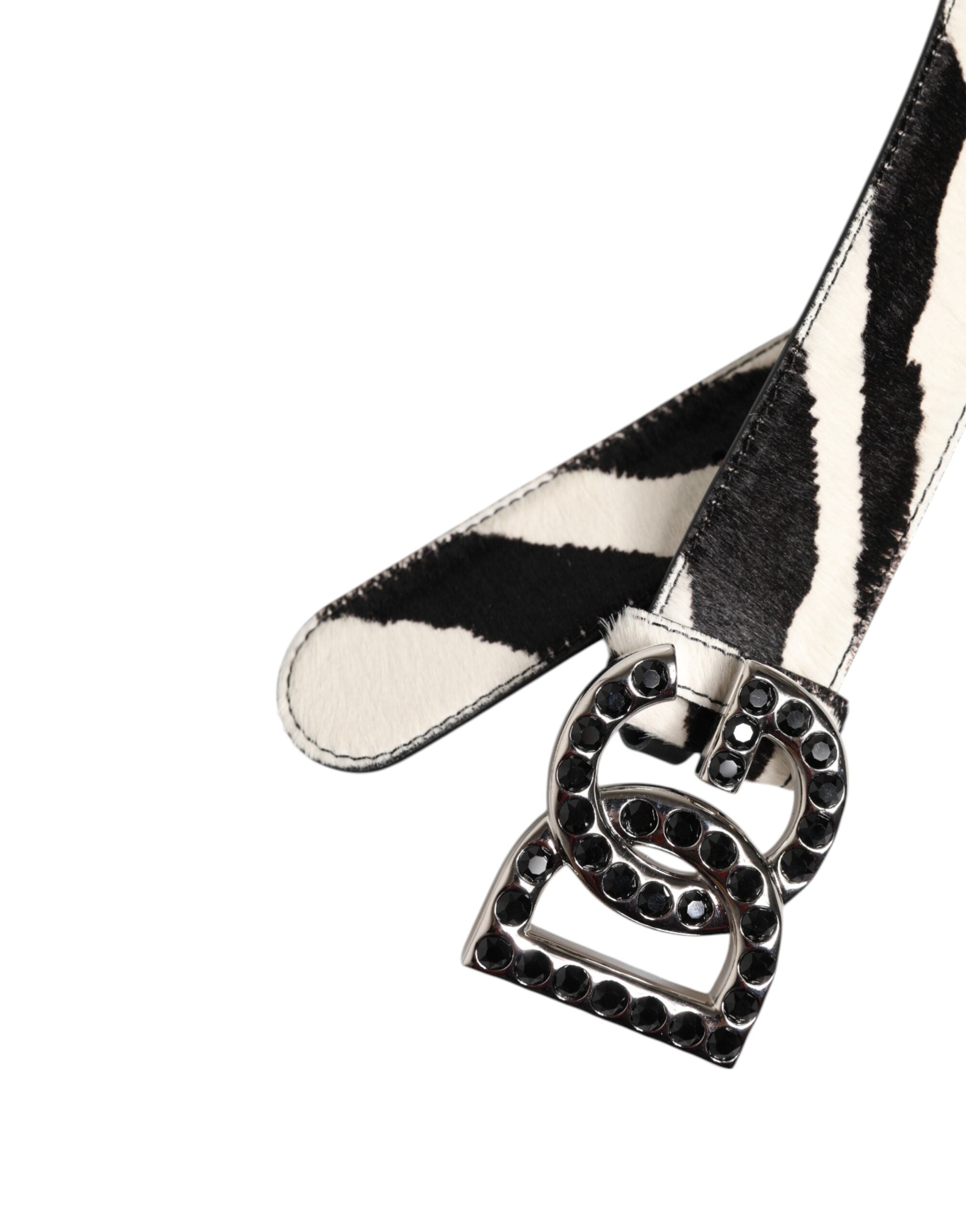 White Black Leather Zebra DG Crystal Buckle Belt - ventzia