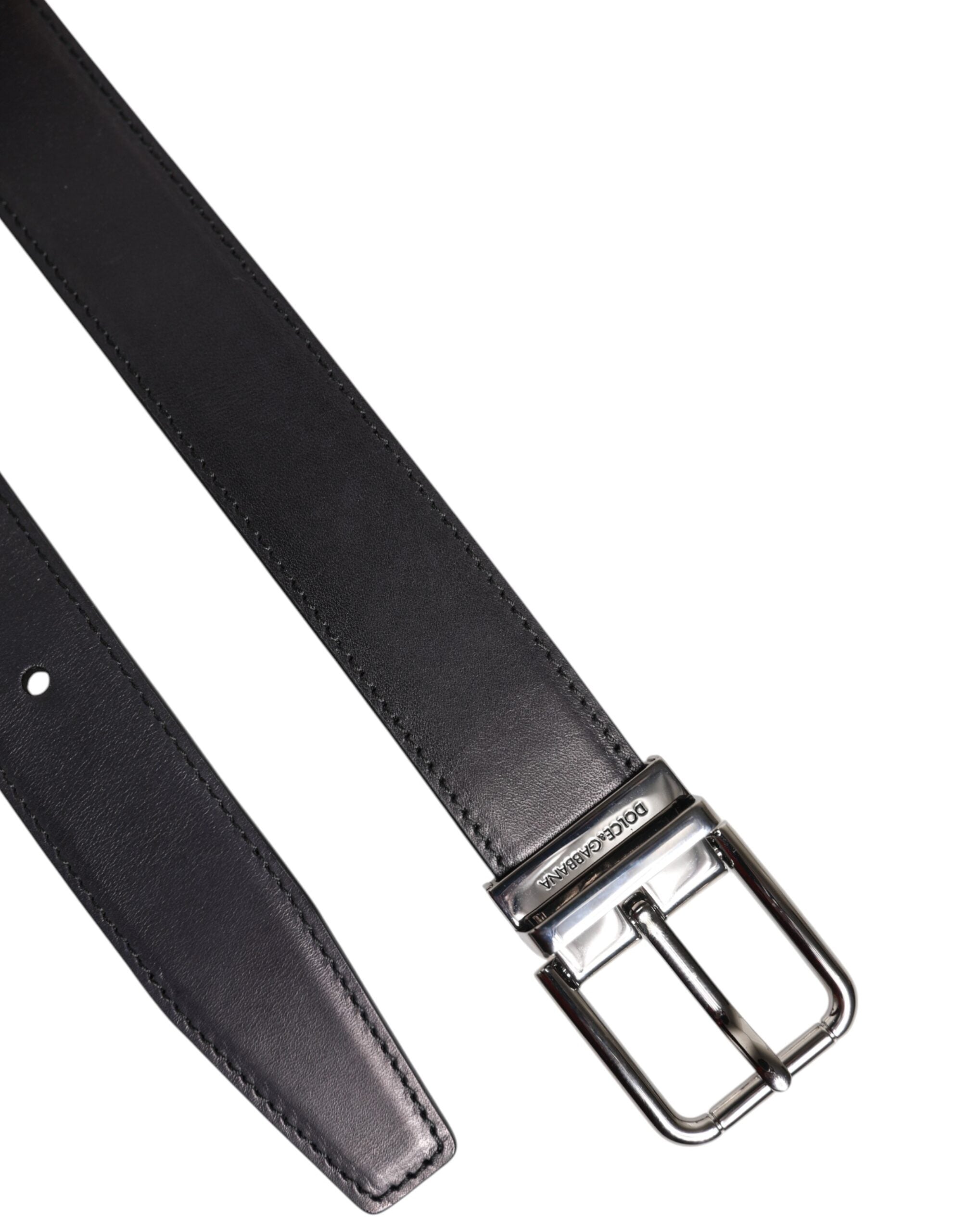 Black Classic Calf Leather Silver Buckle Belt - ventzia