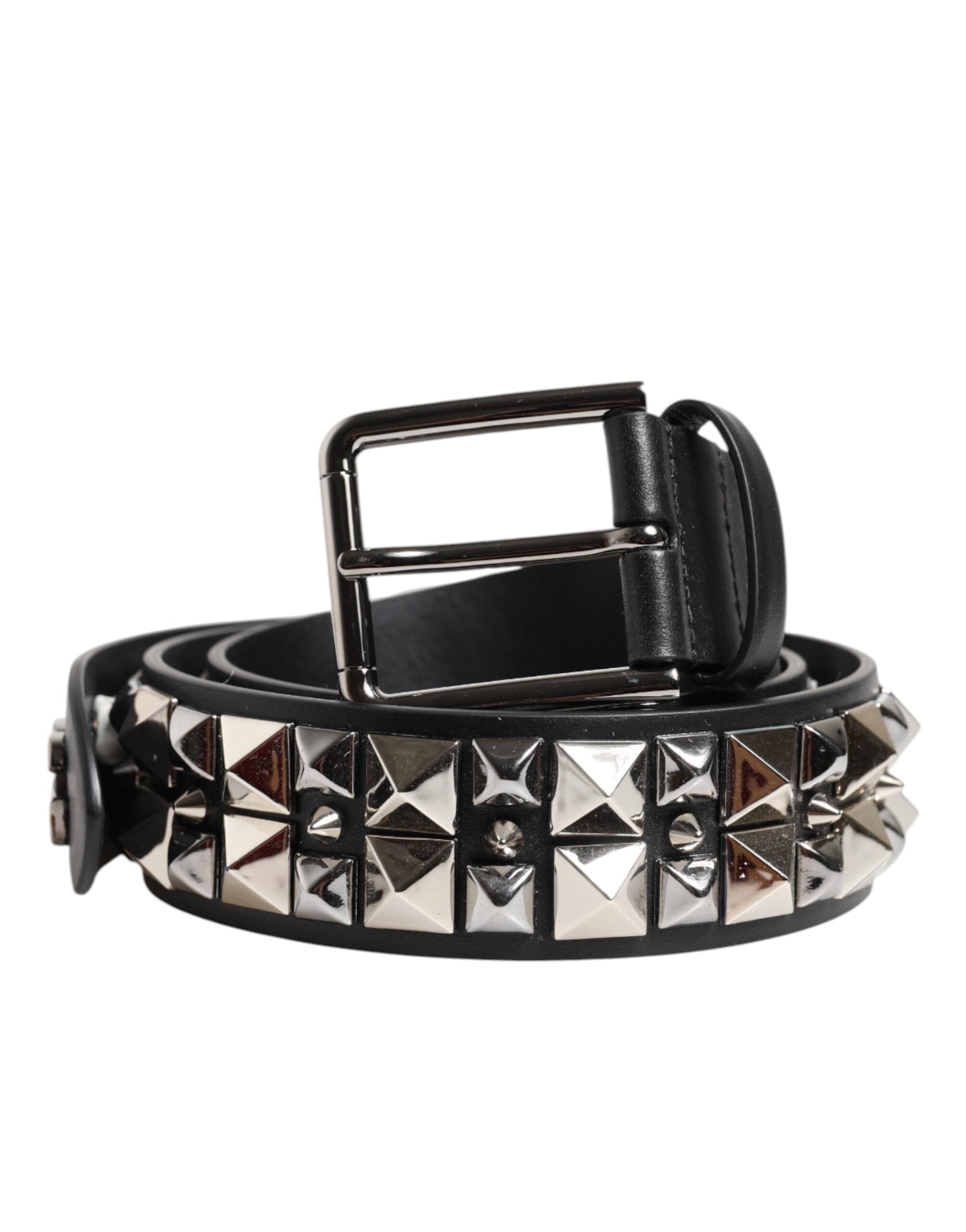 Black Calf Leather Studded Silver Buckle Belt - ventzia
