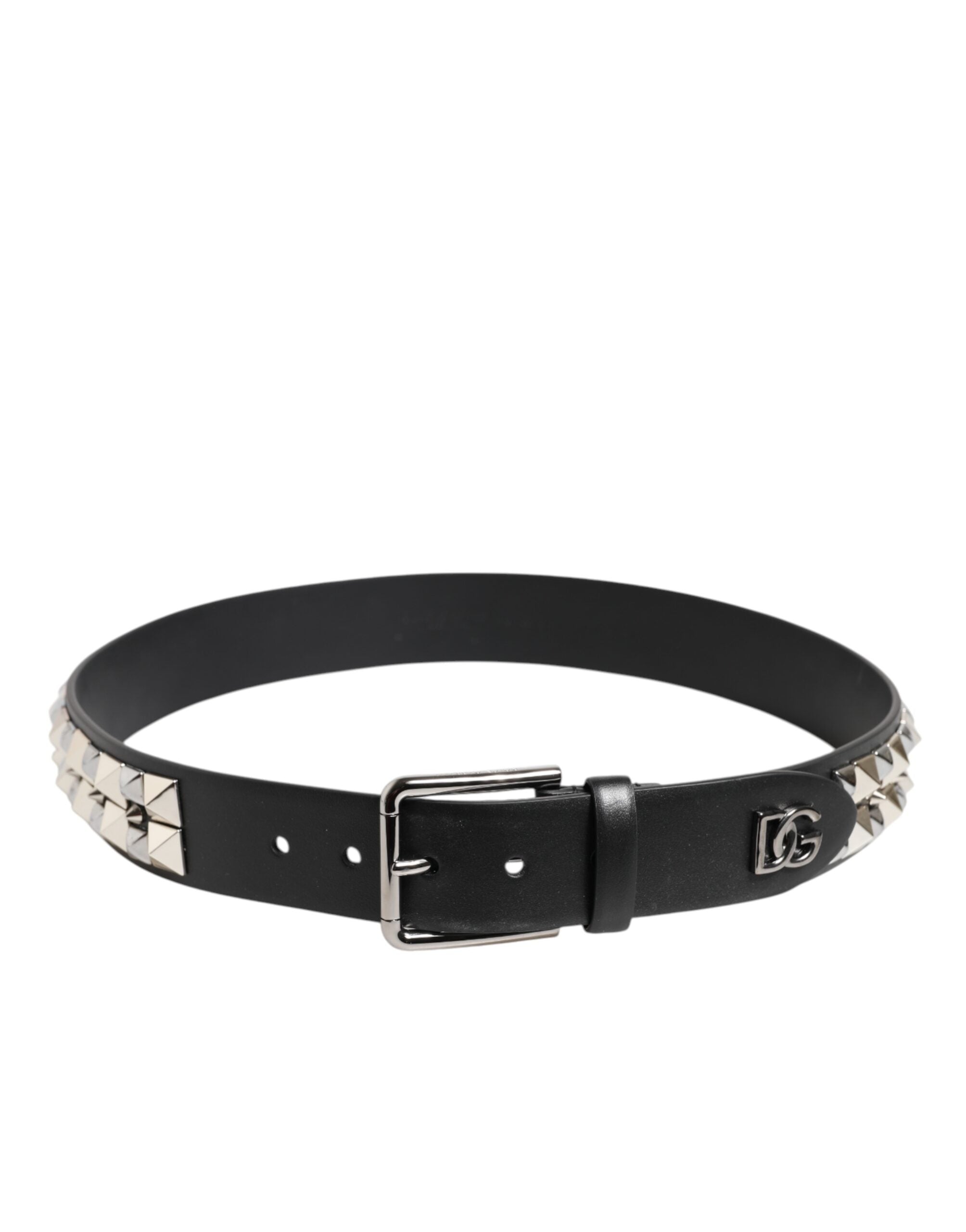 Black Calf Leather Studded Silver Buckle Belt - ventzia