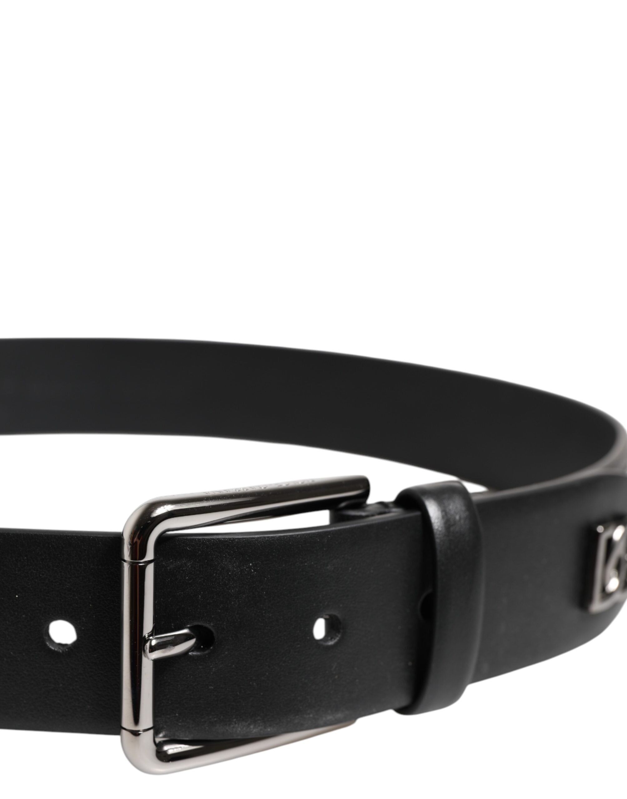 Black Calf Leather Studded Silver Buckle Belt - ventzia
