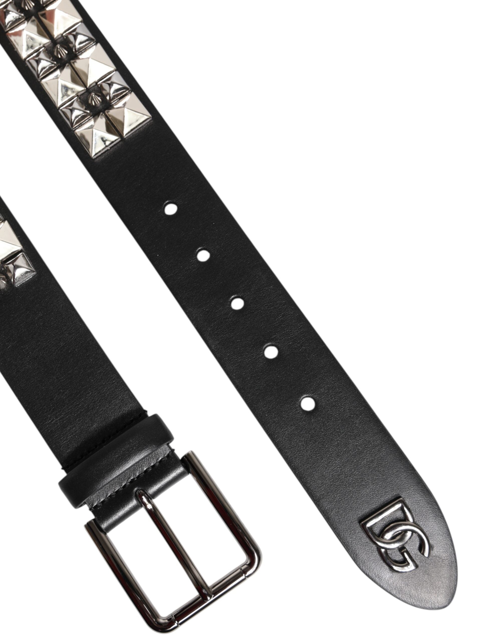 Black Calf Leather Studded Silver Buckle Belt - ventzia