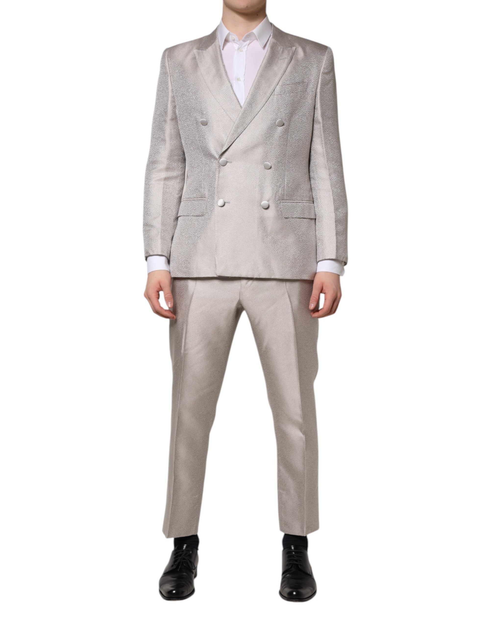 Light Gray Jacquard Silk Dotted 2 Piece Suit - ventzia