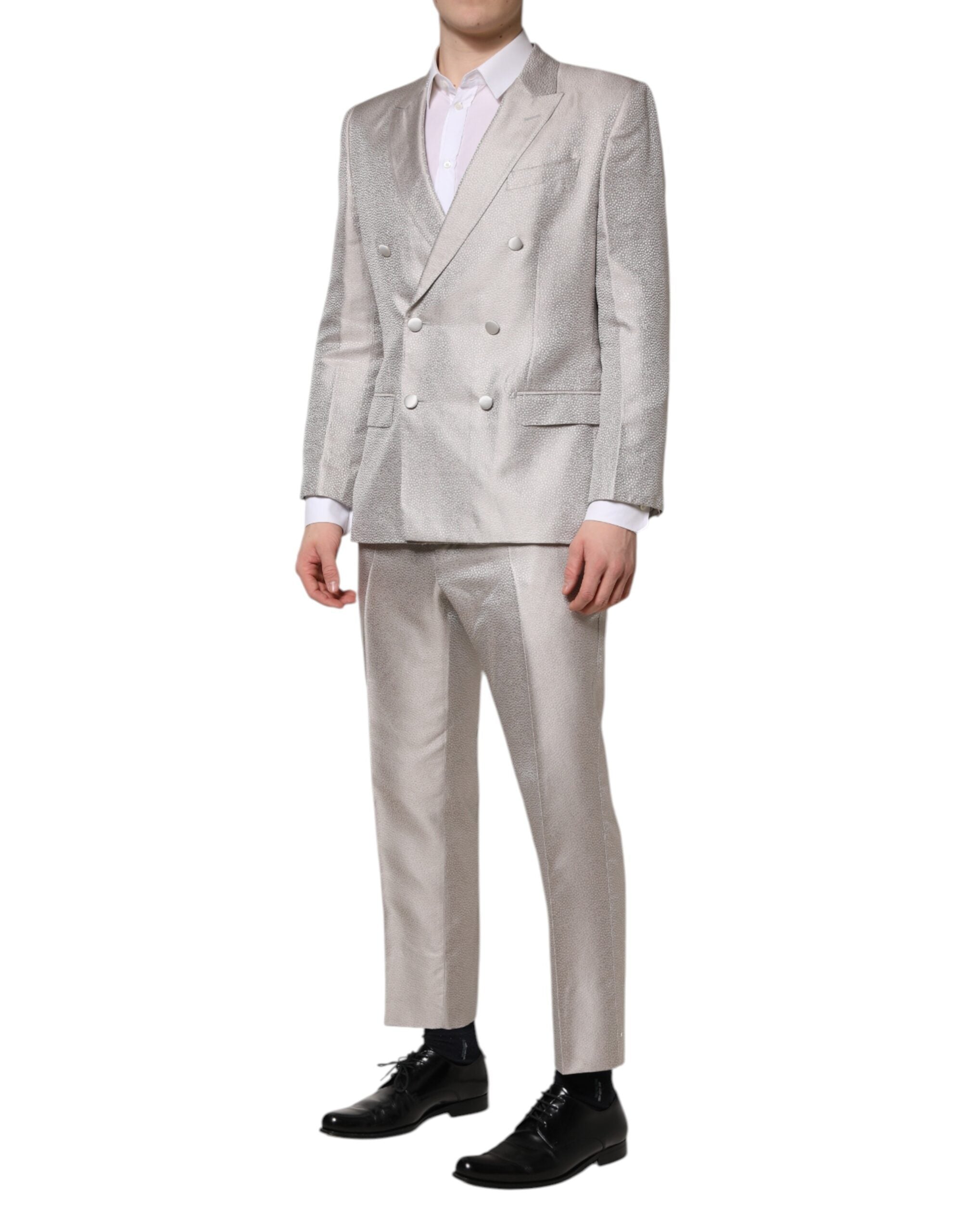 Light Gray Jacquard Silk Dotted 2 Piece Suit - ventzia