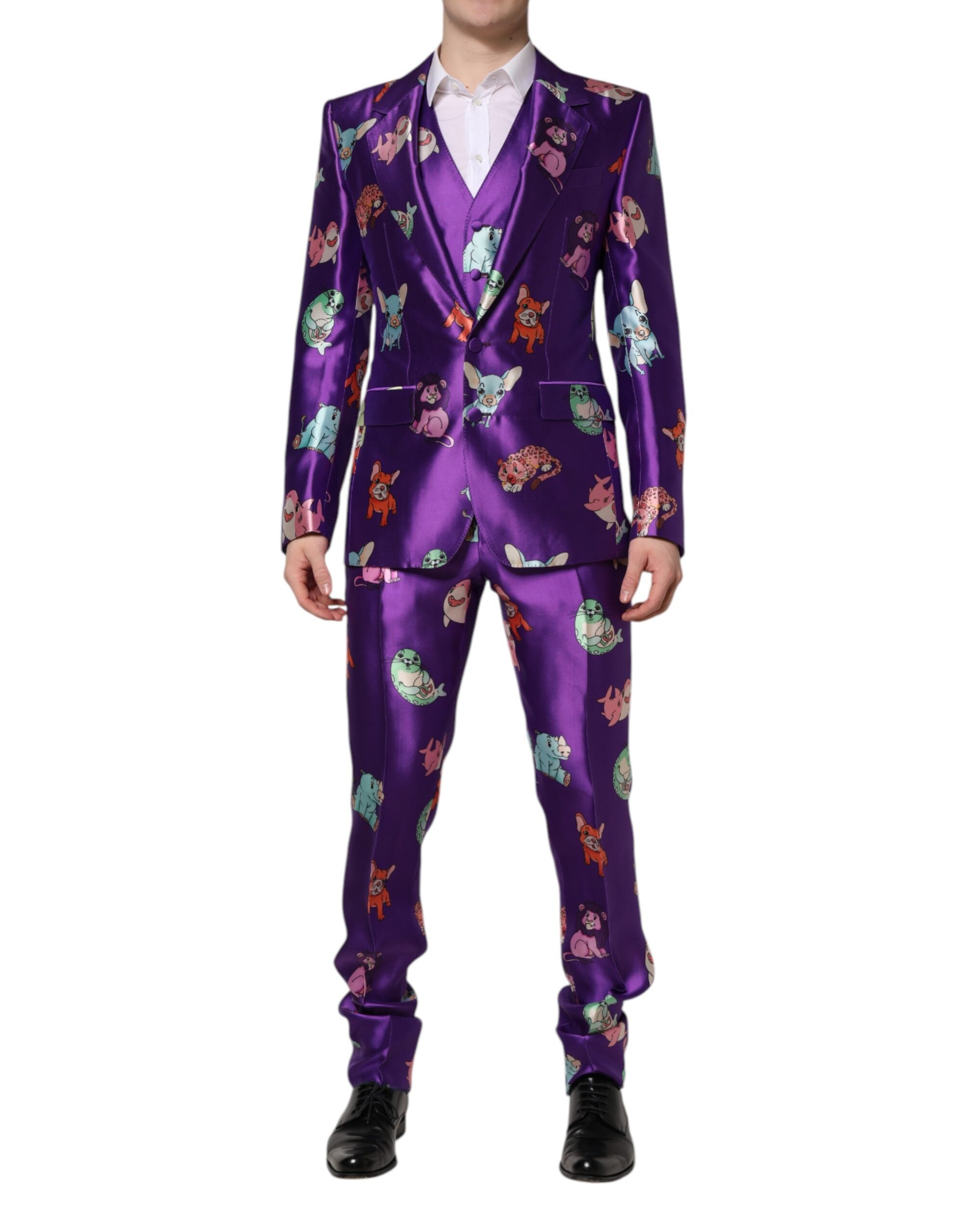 Purple Silk Animal Print 3 Piece Suit - ventzia