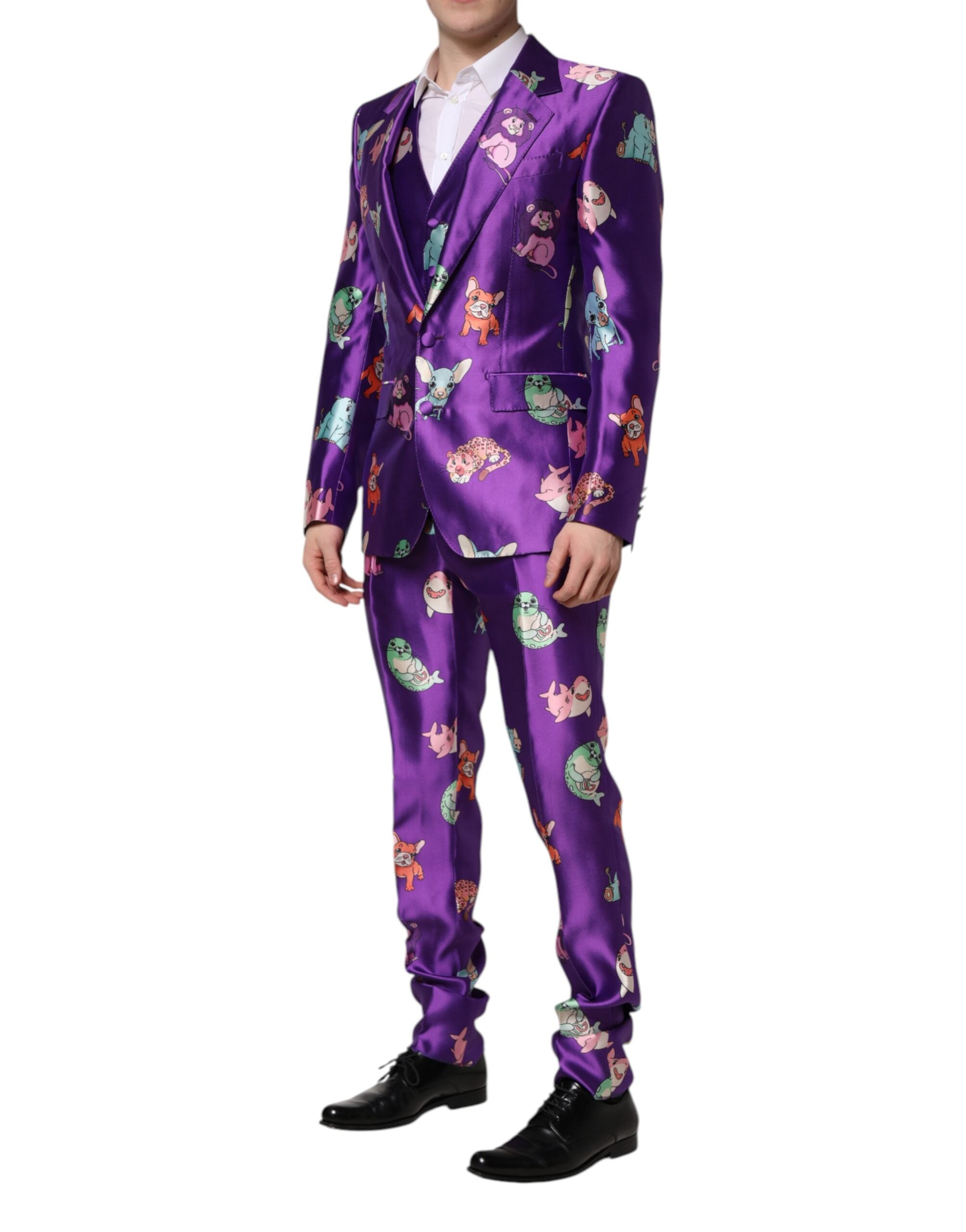 Purple Silk Animal Print 3 Piece Suit - ventzia