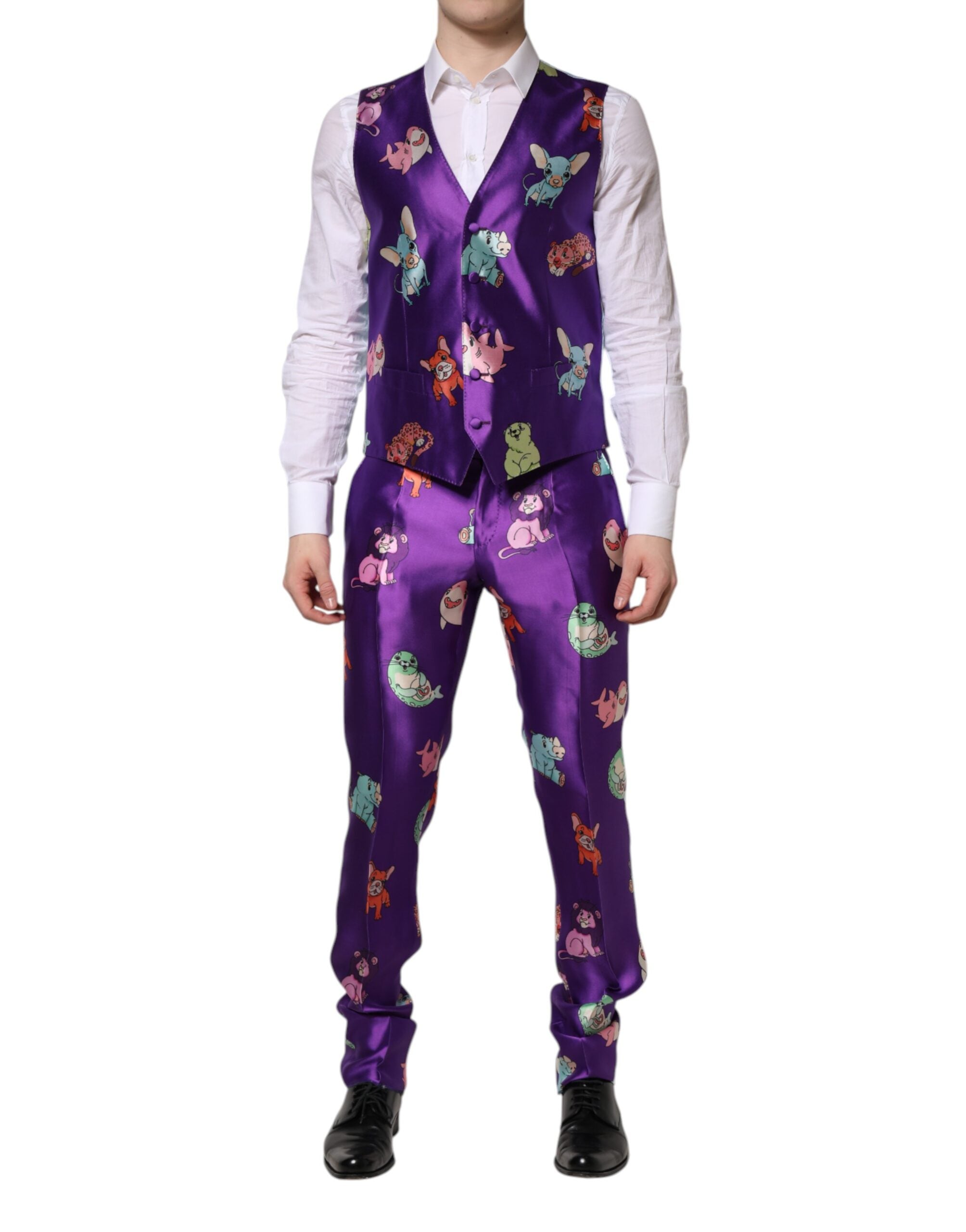 Purple Silk Animal Print 3 Piece Suit - ventzia