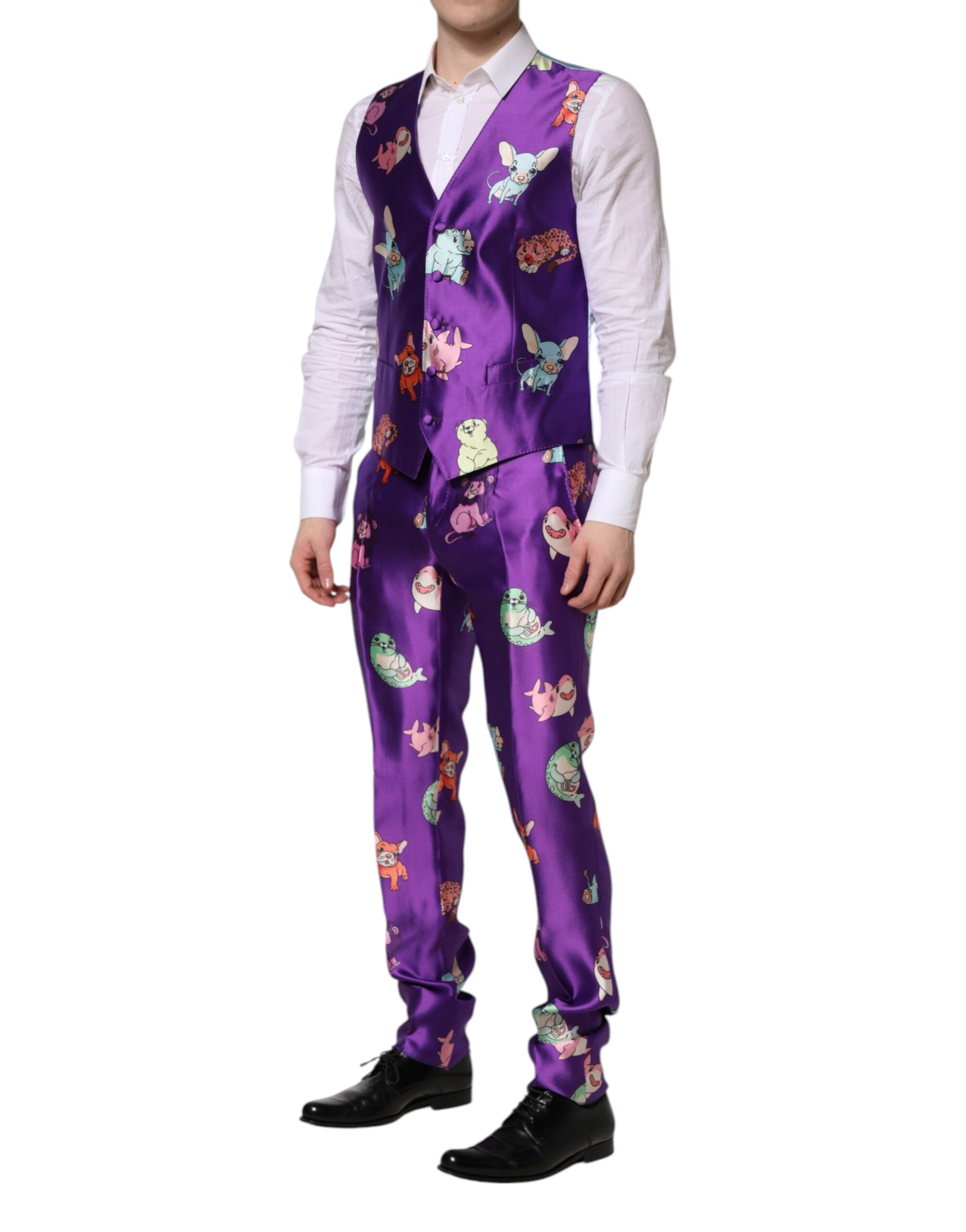 Purple Silk Animal Print 3 Piece Suit - ventzia