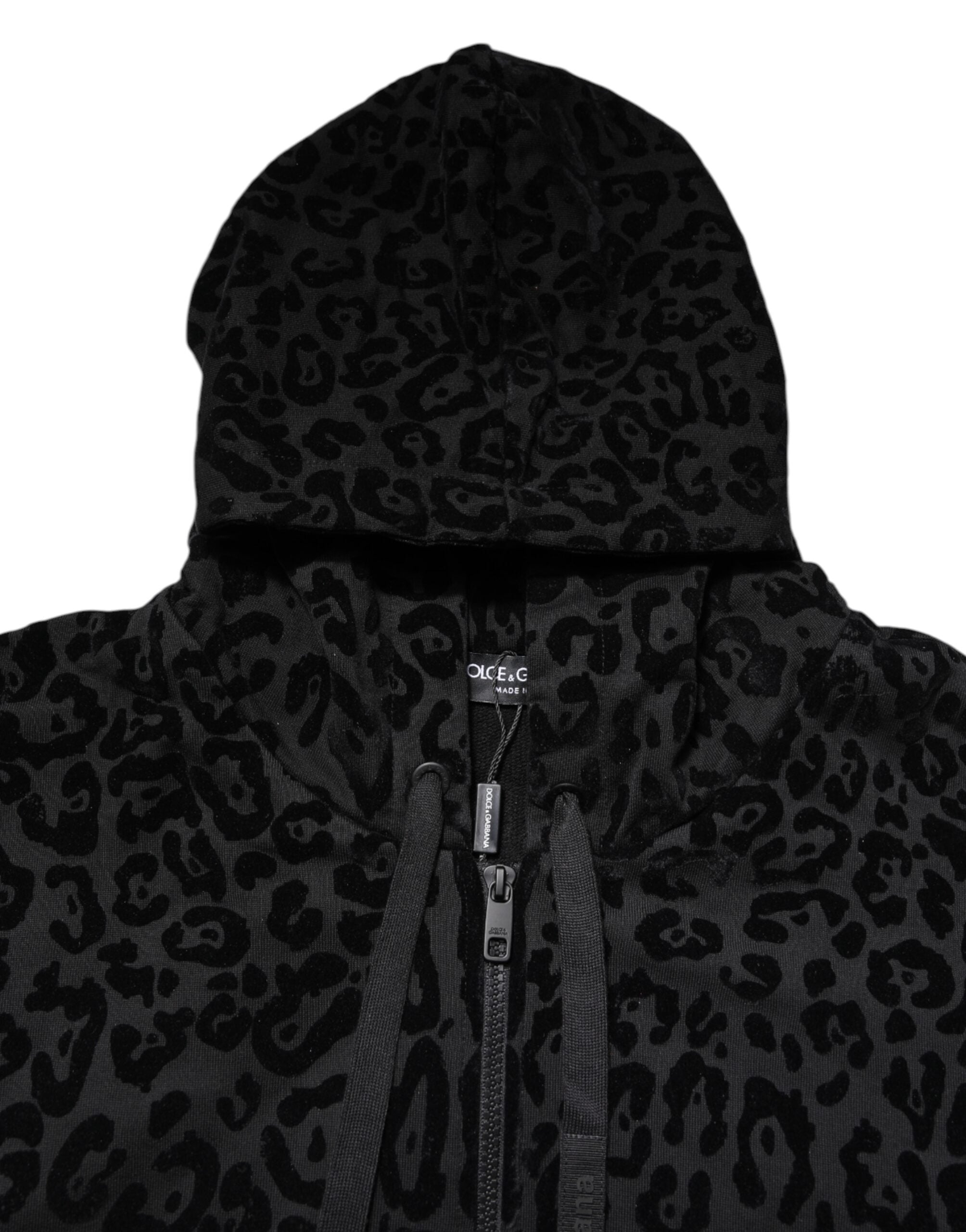 Black Leopard Full Zip Hooded Sweatshirt Sweater - ventzia