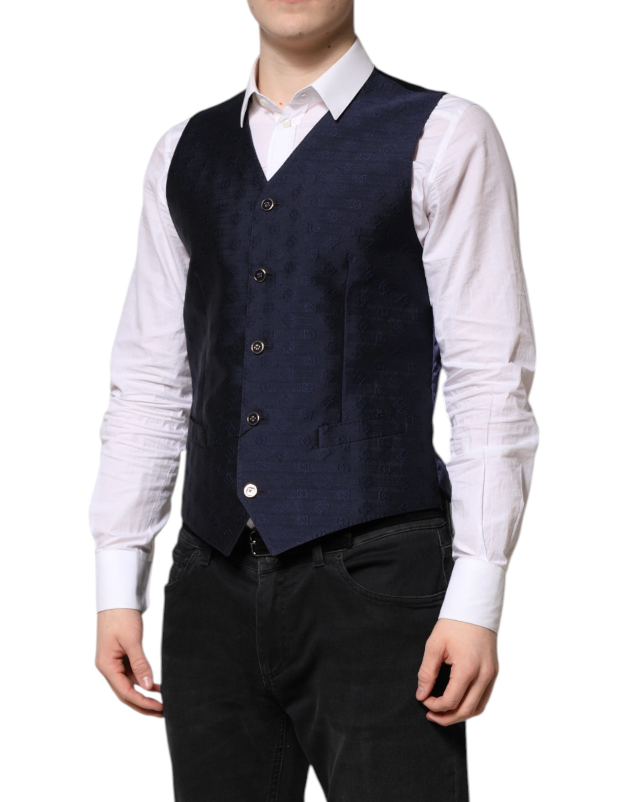 Dark Blue Logo Wool Formal Men Waistcoat Vest - ventzia
