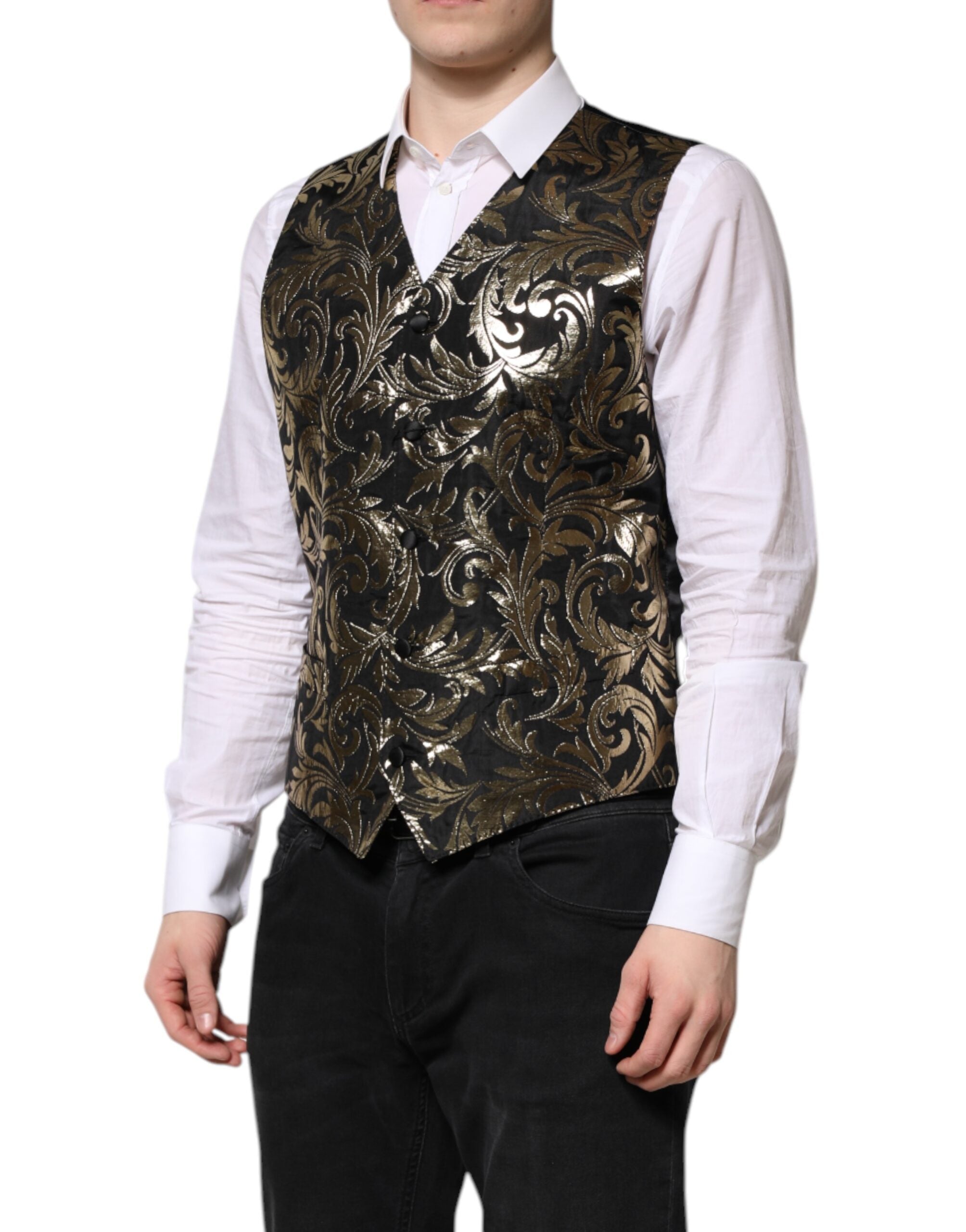 Black Gold Jacquard Formal Men Waistcoat Vest - ventzia