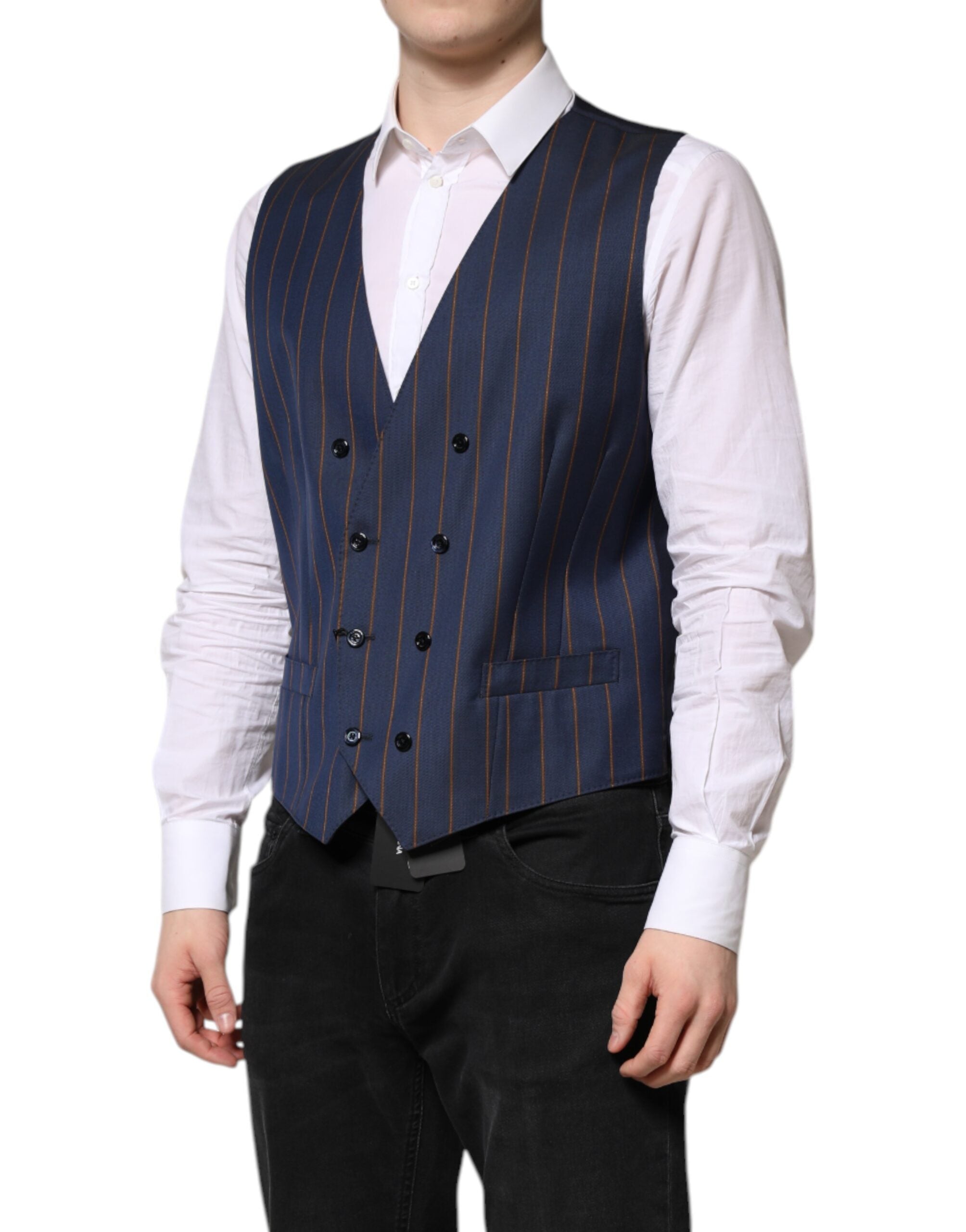 Blue Stripes Wool Formal Men Waistcoat Vest - ventzia