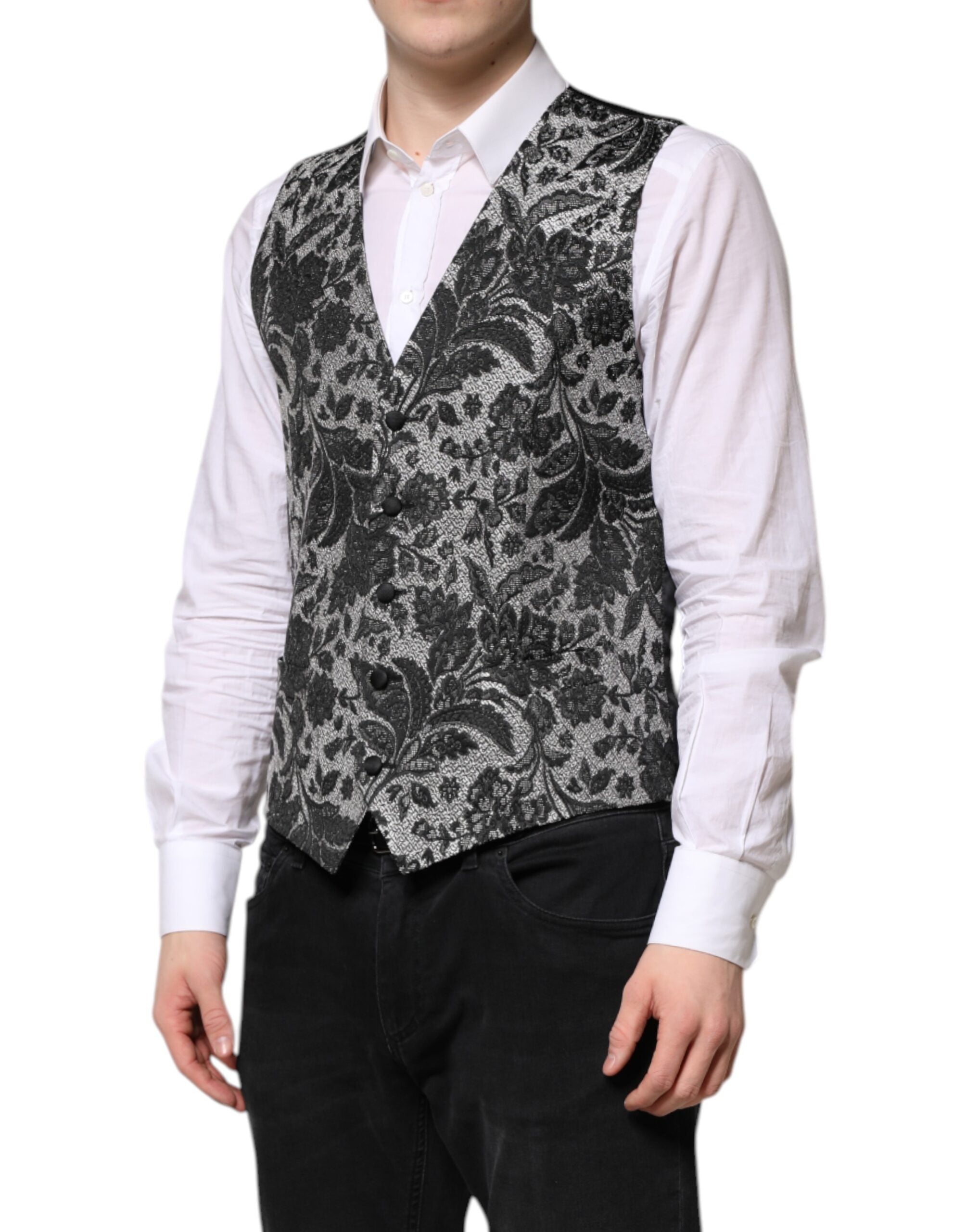 Black Gray Brocade Formal Men Waistcoat Vest - ventzia