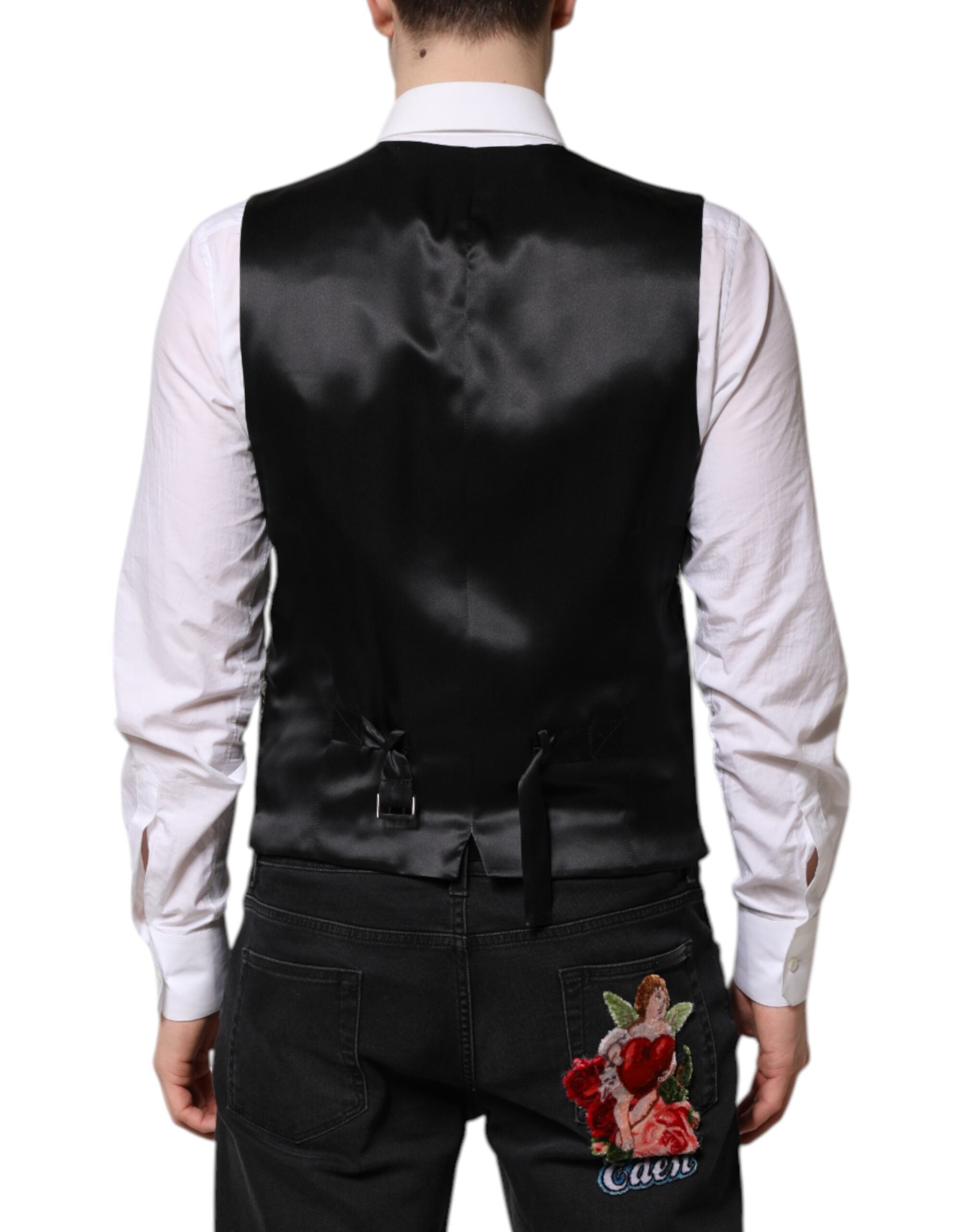 Black Gray Brocade Formal Men Waistcoat Vest - ventzia