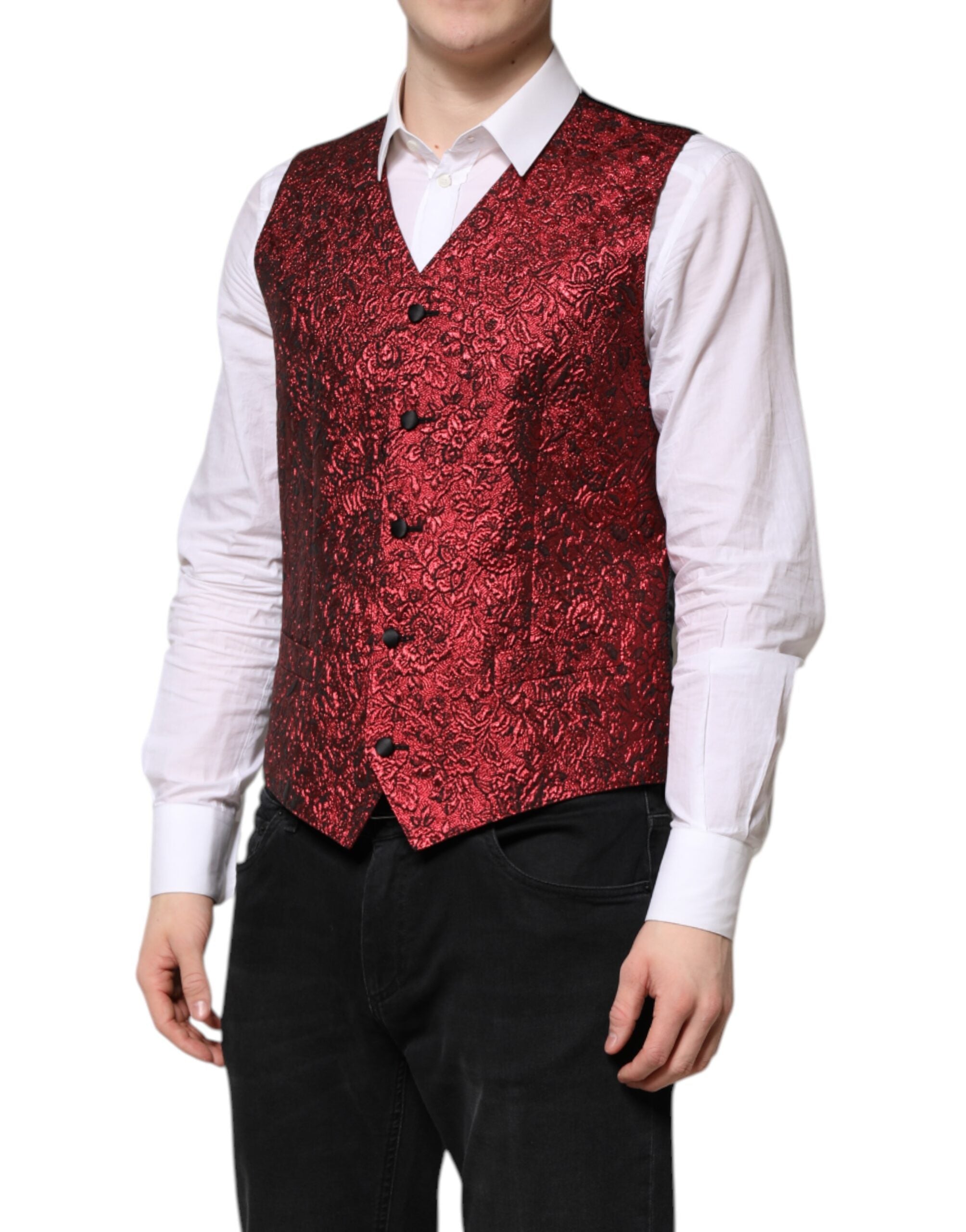 Red Floral Brocade Formal Men Waistcoat Vest - ventzia
