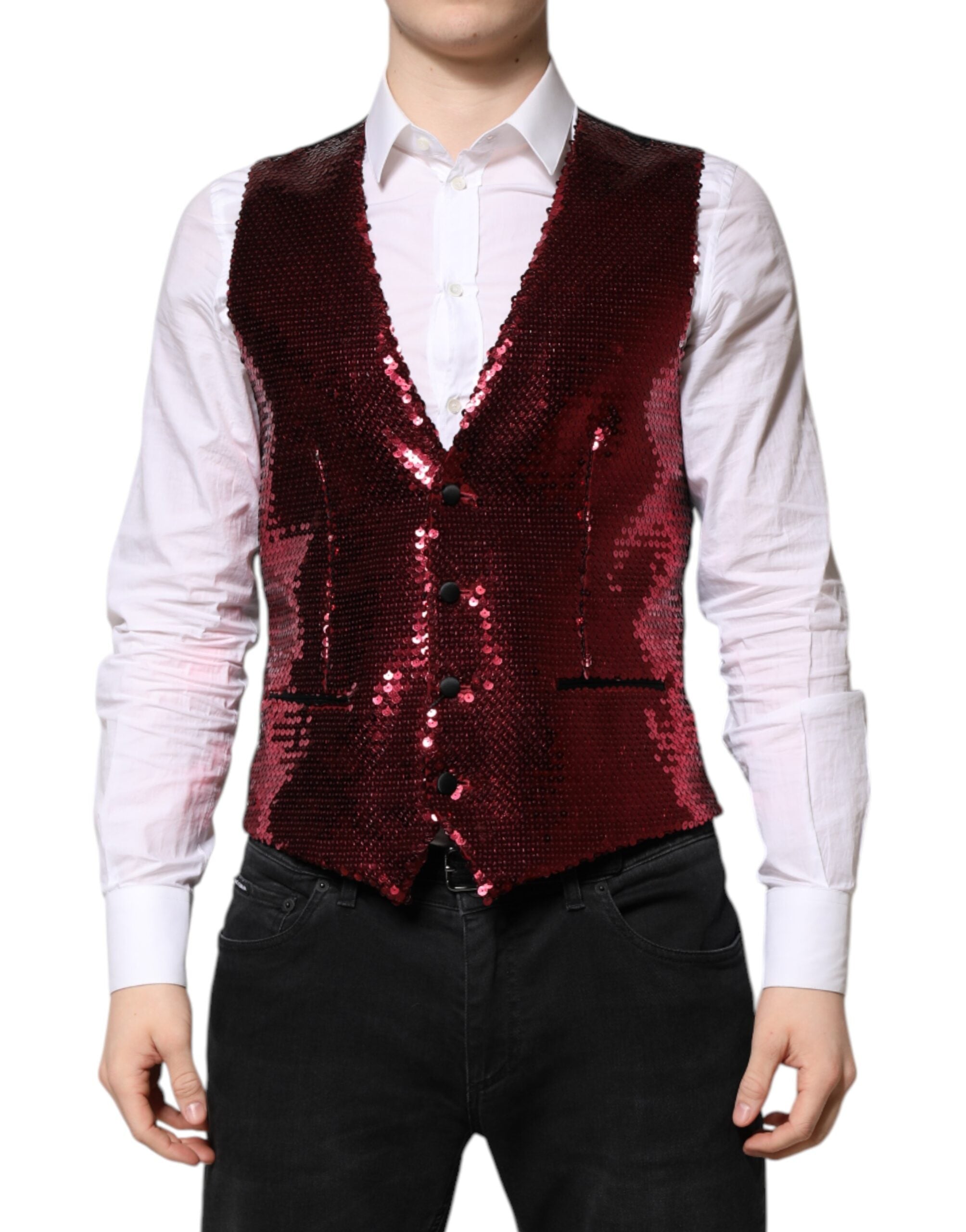 Red Sequined Dress Formal Men Waistcoat Vest - ventzia