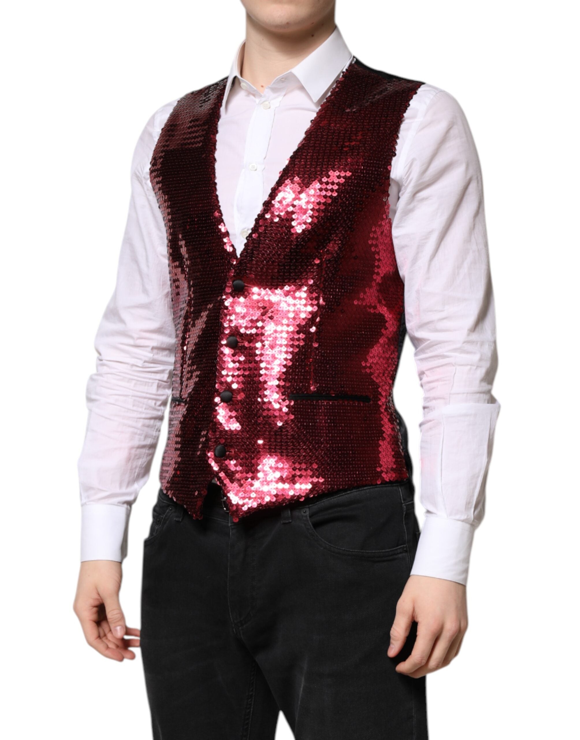 Red Sequined Dress Formal Men Waistcoat Vest - ventzia