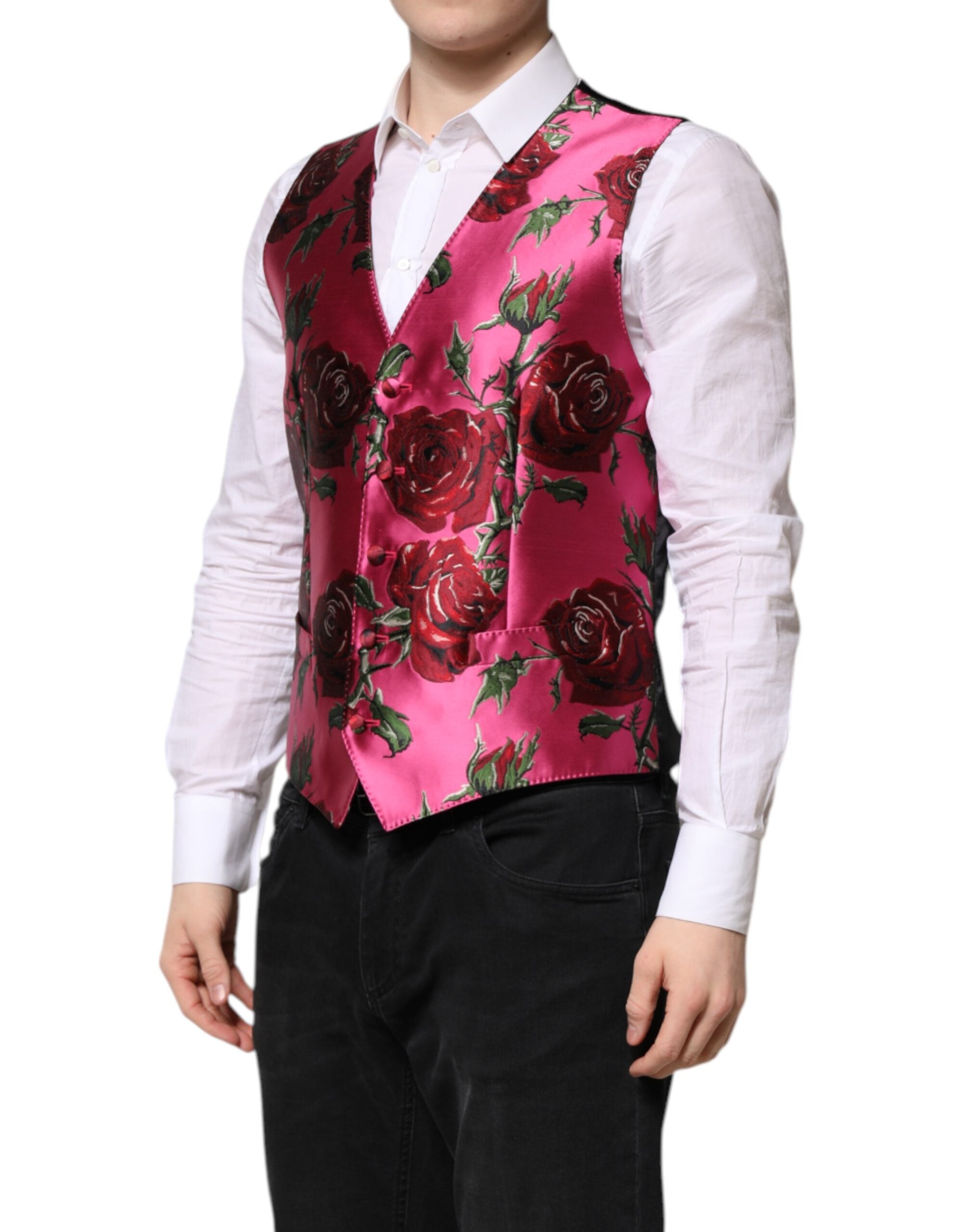 Pink Floral Satin Formal Men Waistcoat Vest - ventzia