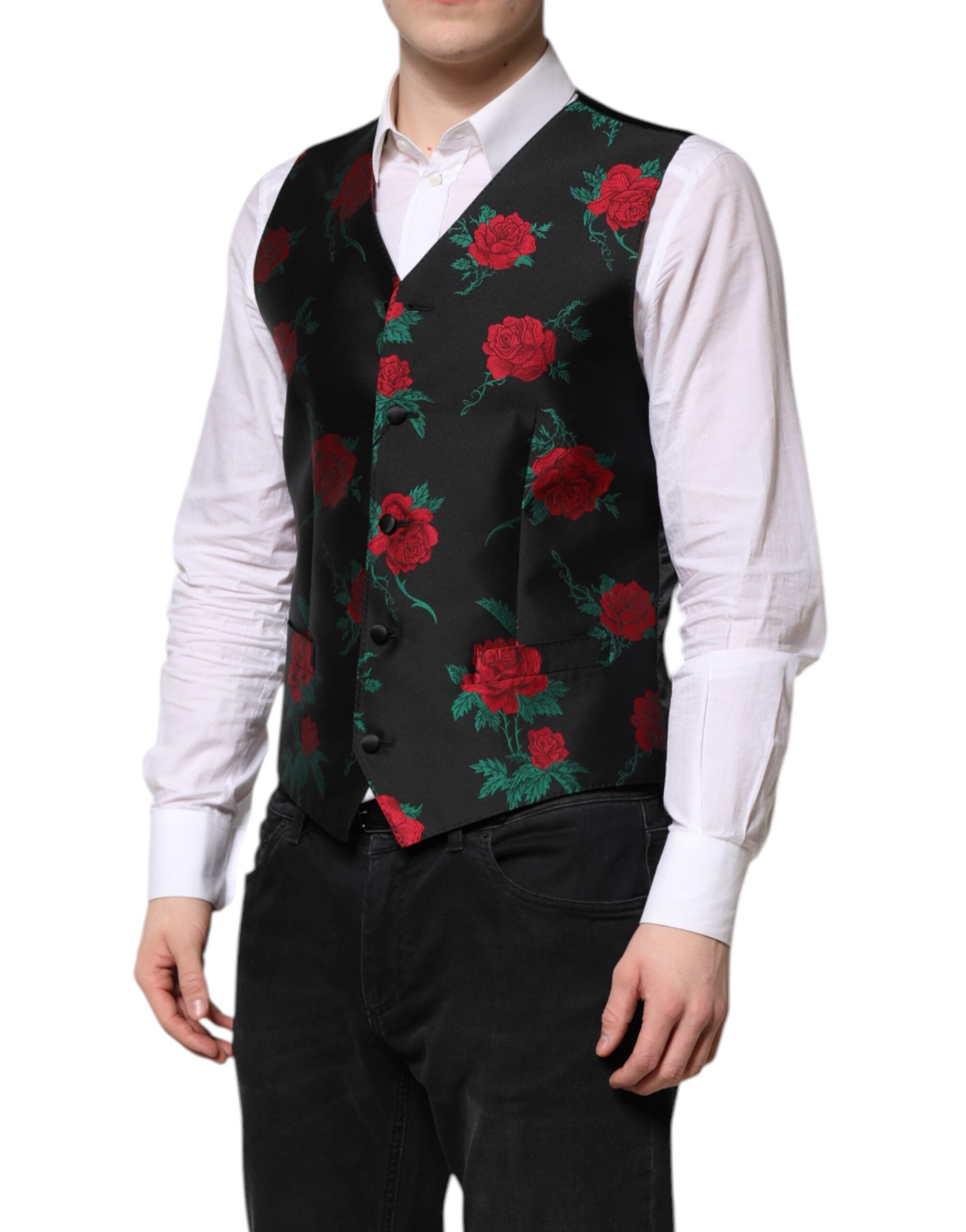 Red Floral Brocade Formal Men Waistcoat Vest - ventzia