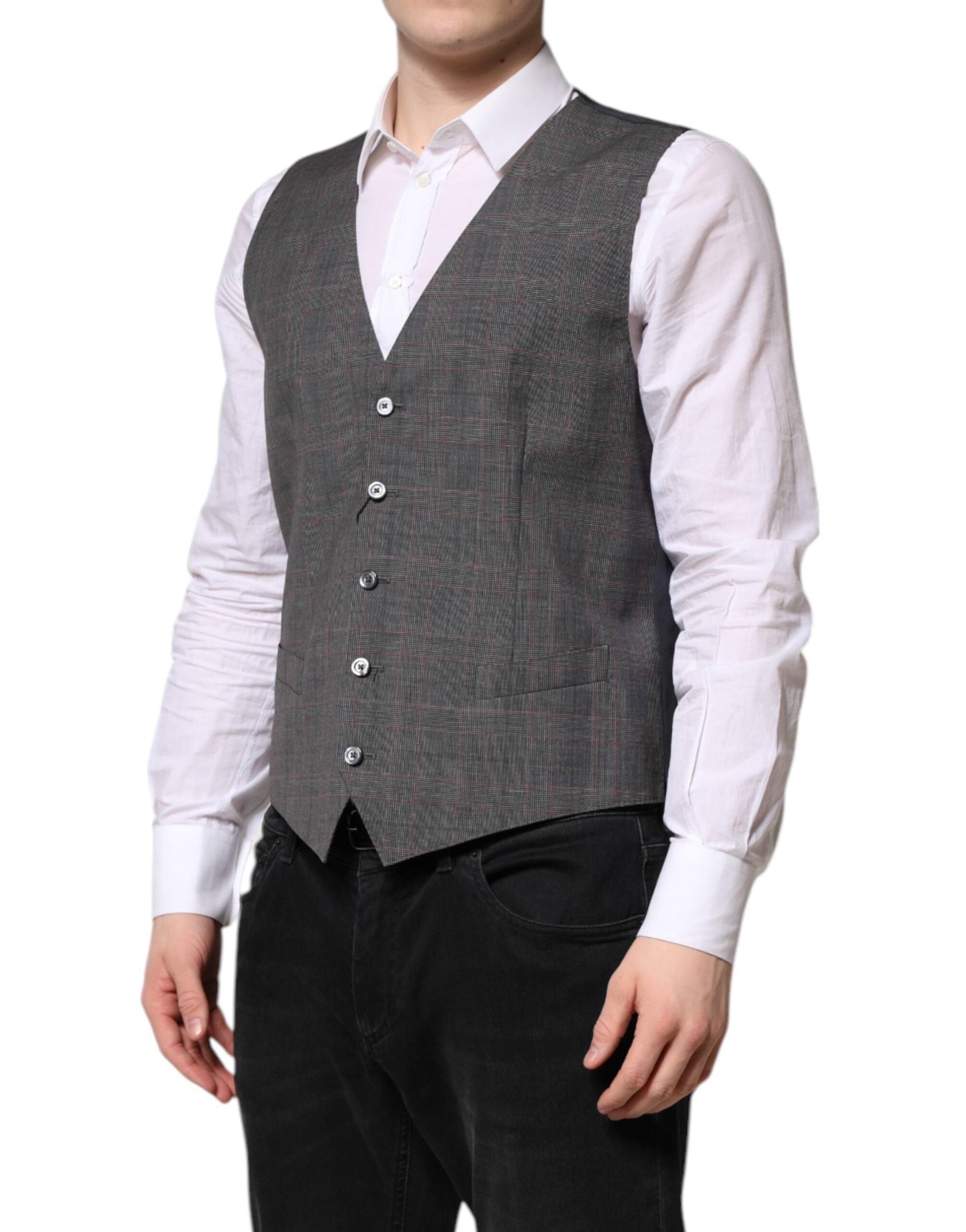Gray Plaid Wool Formal Dress Waistcoat Vest - ventzia