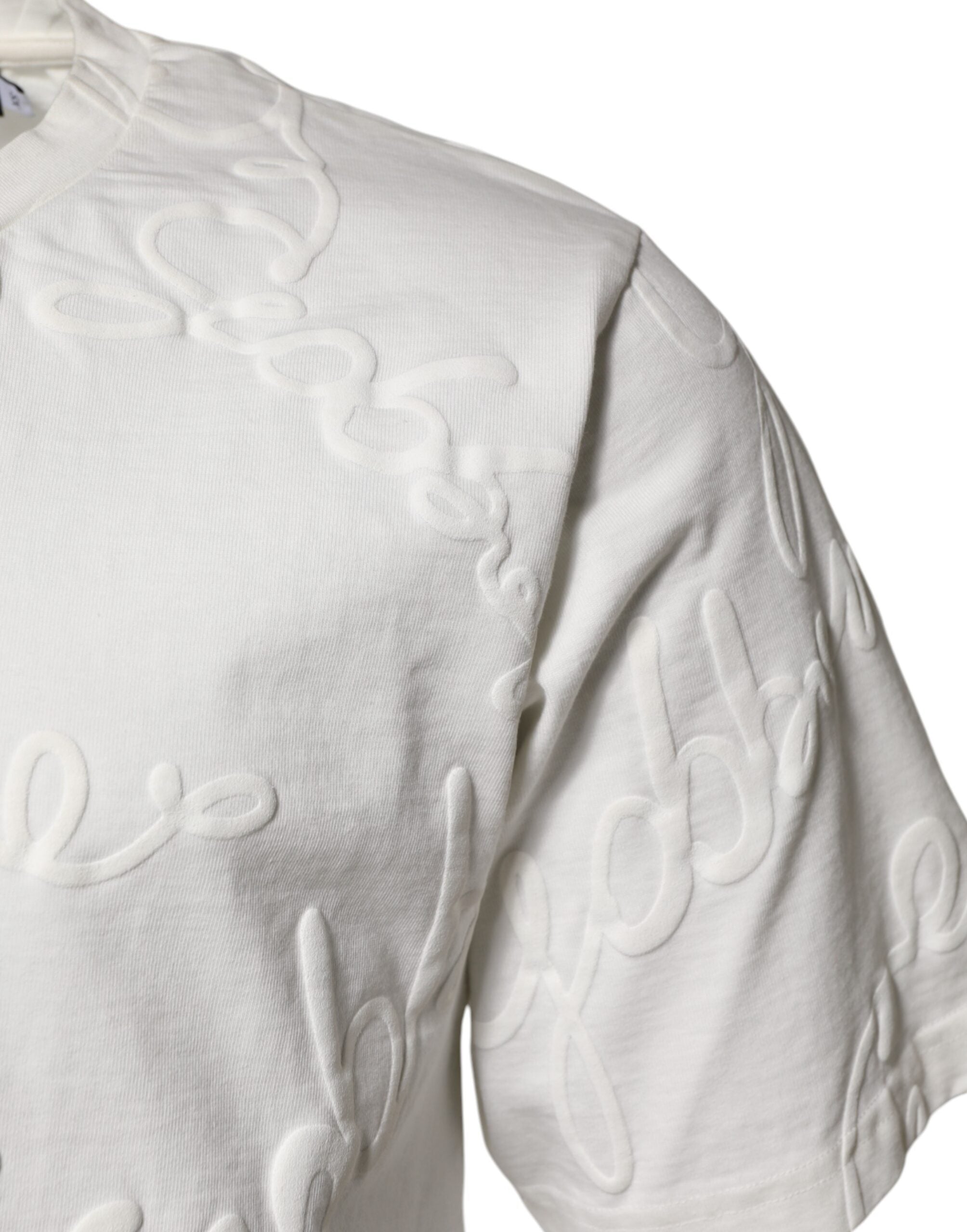 White Cotton Logo Embossed Crew Neck T-shirt - ventzia