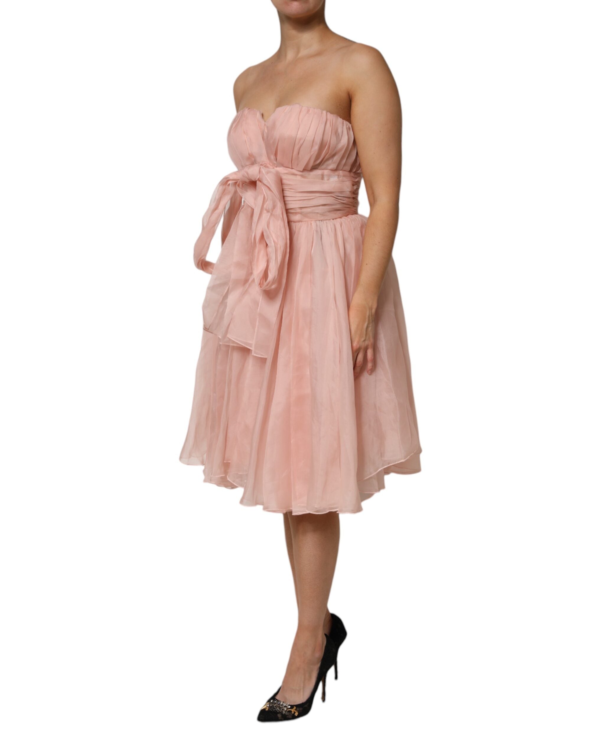 Pink Silk Chiffon A-line Pleated Midi Dress - ventzia